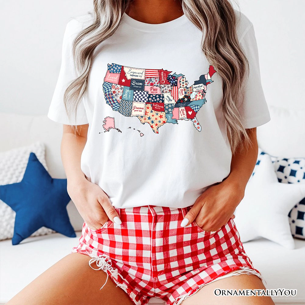 OrnamentallyYou Unisex Patriotic Patchwork USA T-Shirt