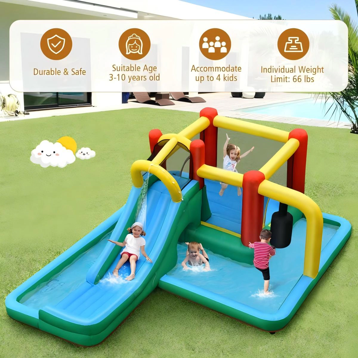 SUGIFT Inflatable Water Slide Climbing Bounce House with Tunnel & 735W Blower 265-lb Capacity Ages 3-10 Blue Yellow Red