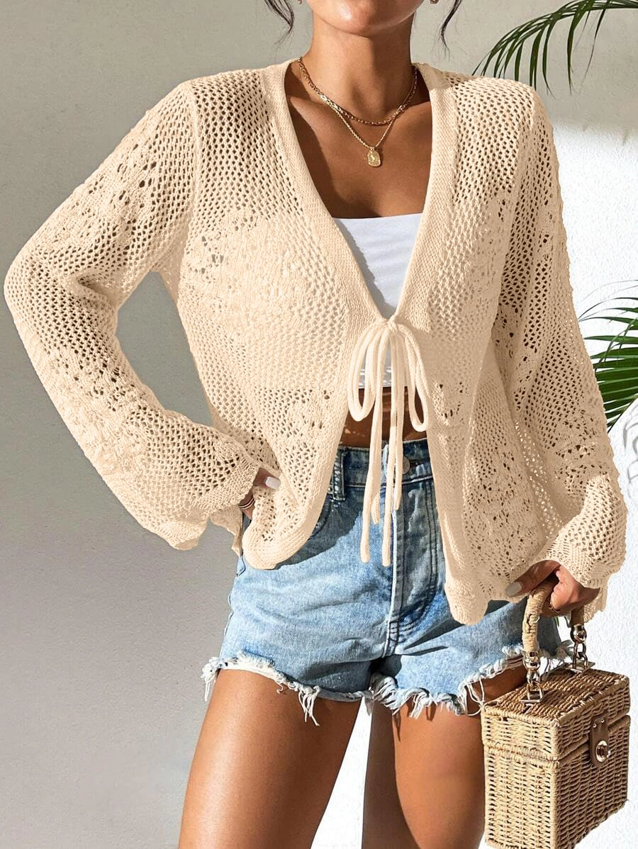 KOJOOIN Open Knit Cardigan for Women Tie Front V Neck Long Sleeve Drop Shoulder Casual Cover Up