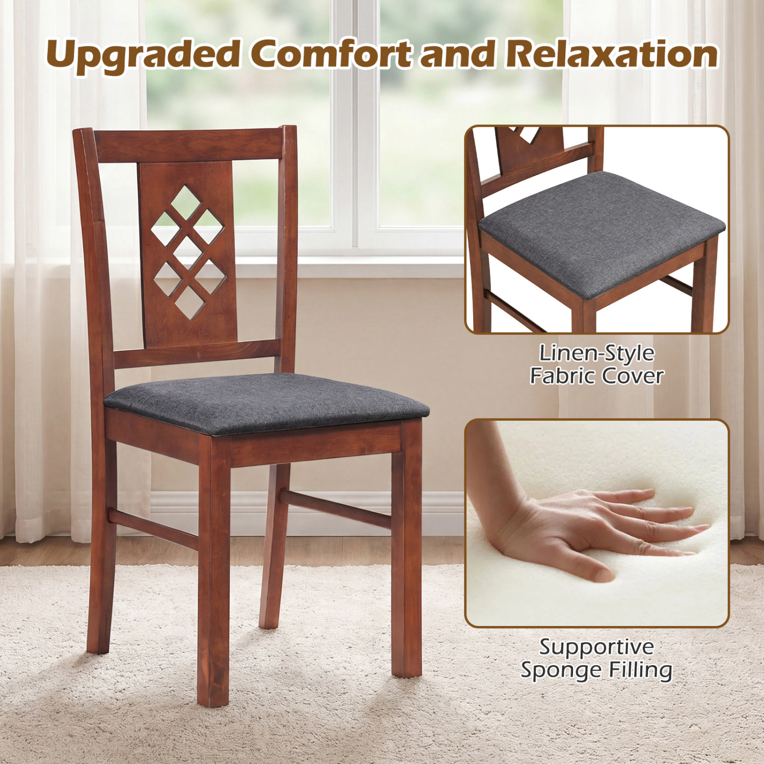 LJG Linen Style Upholstered Kitchen Chairs with Wood Frames Set of