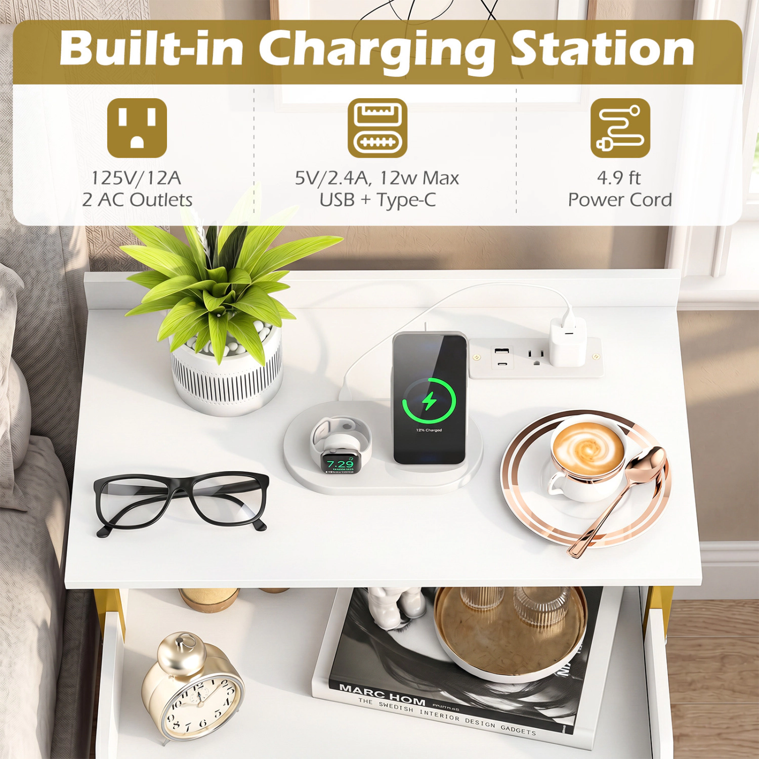 Hivvago Wall-Mounted Bedside Table with LED Lighting