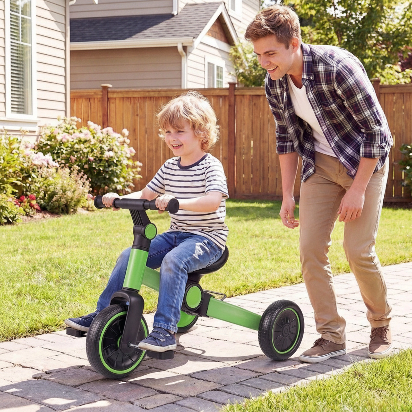 5-in-1 Toddler Balance Bike Removable Pedals 4-Level Handlebar 135-Degree Steering Limit Ages 2-4 Green