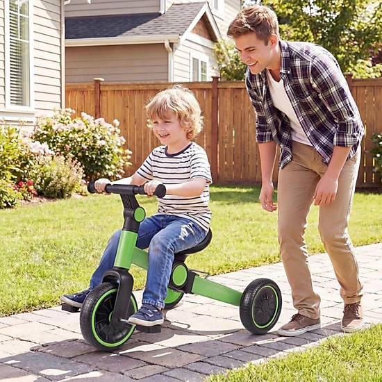 5-in-1 Toddler Balance Bike Removable Pedals 4-Level Handlebar 135-Degree Steering Limit Ages 2-4 Green