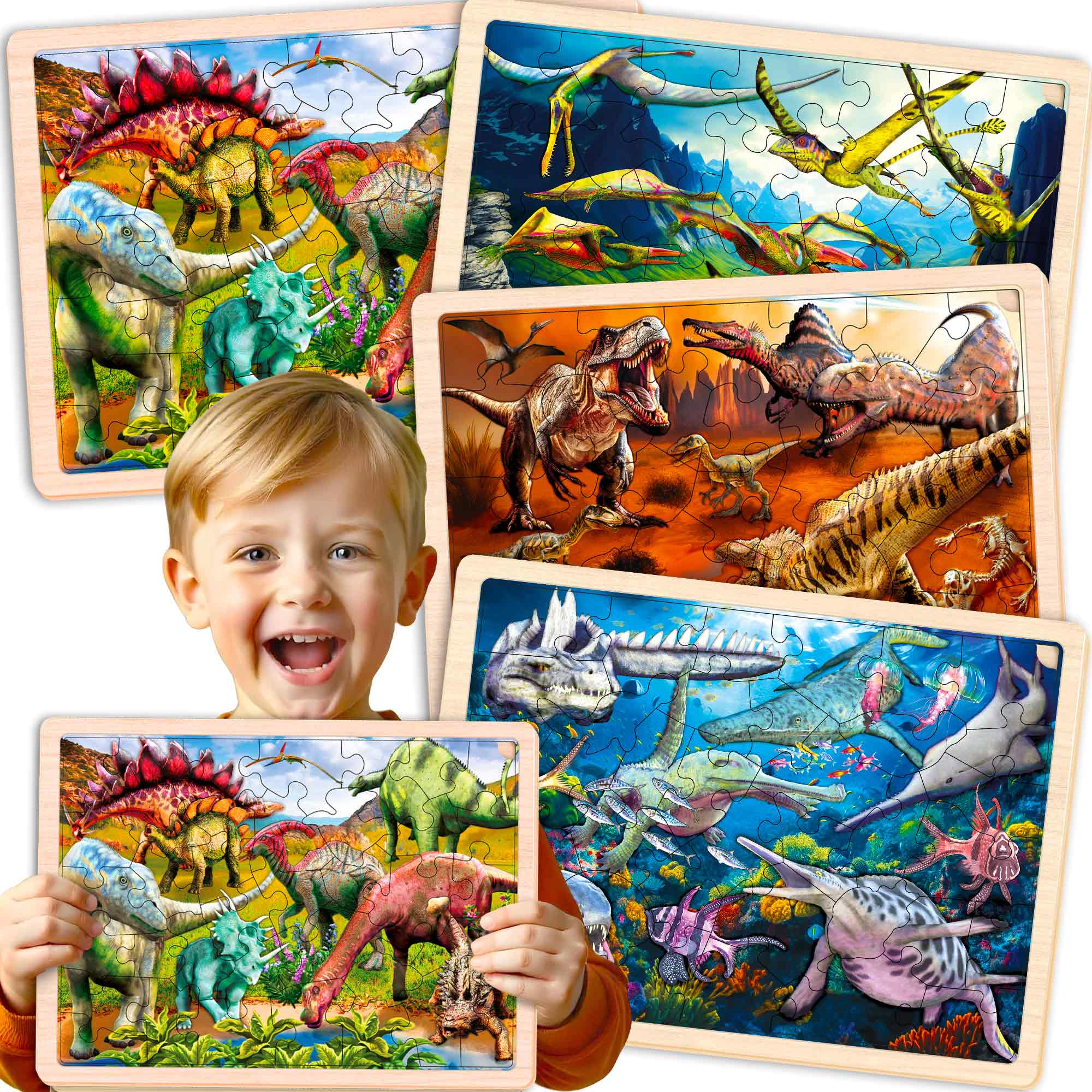 QUOKKA Montessori Wooden Jigsaw Puzzles, 24, 36 & 48 Piece Puzzle Set for Kids, Animals Dinosaurs, Ages 3+