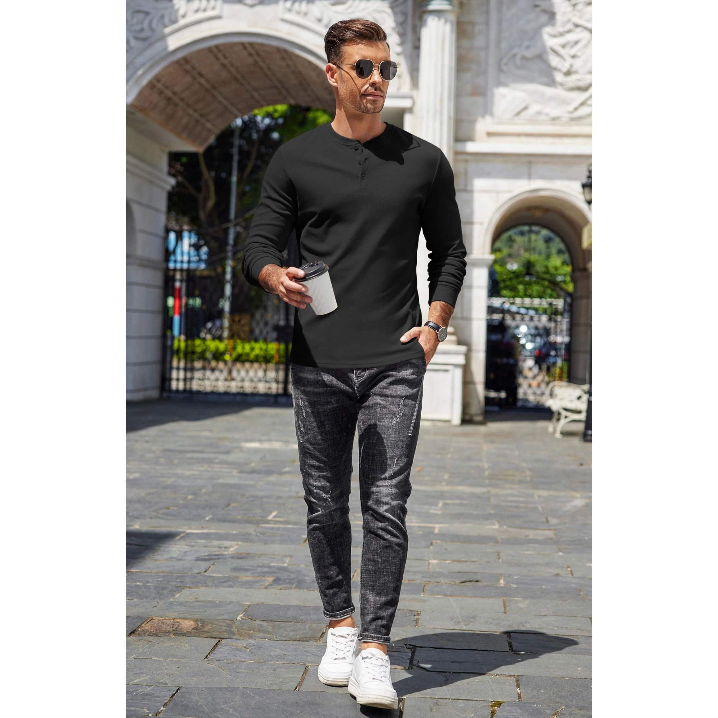 COOFANDY Mens Classic Long Sleeve Henley Shirt Button Placket Band Neck Fall Tops