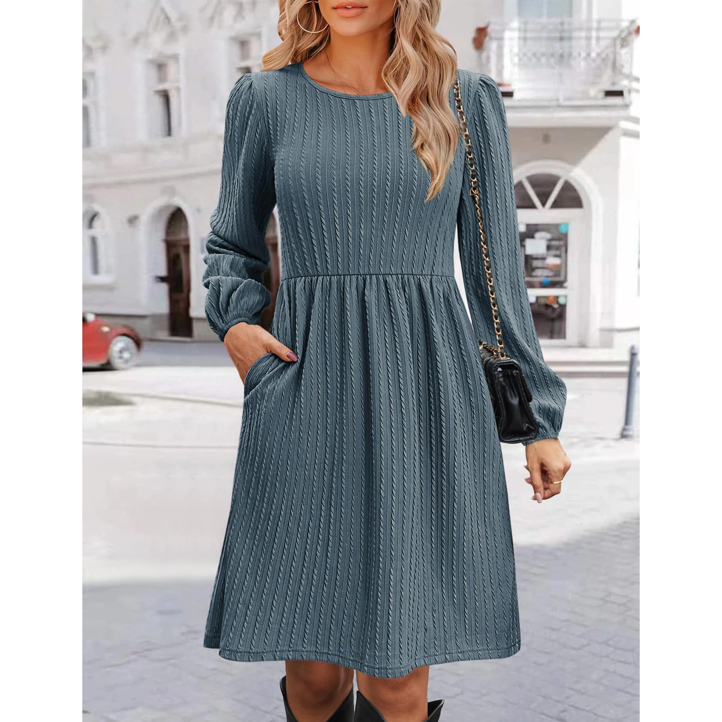 Zeagoo Women's Round Neck Long Sleeve Knee Length Dress