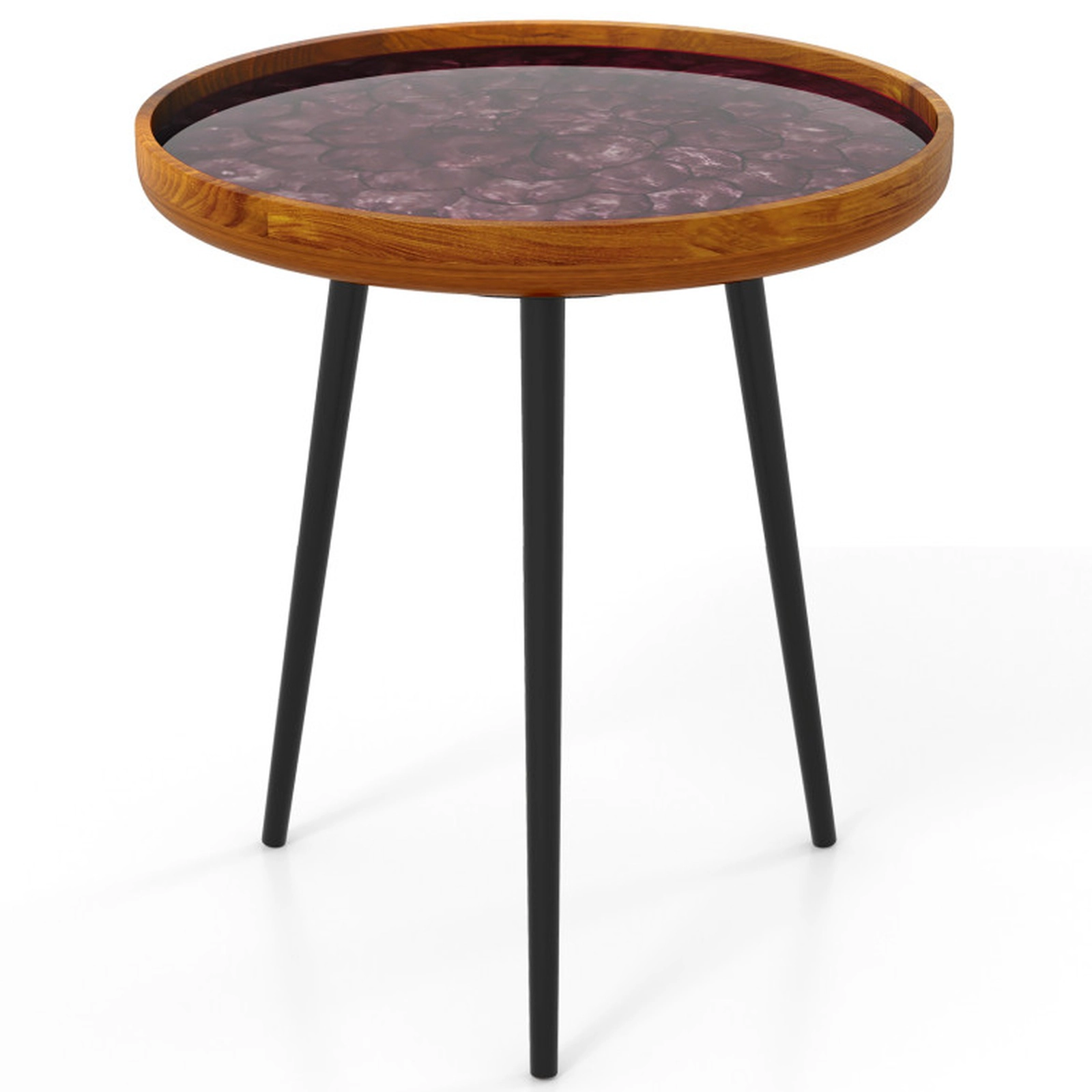SUGIFT 20-in Round Handmade Sea Shell End Table with Epoxy Resin Tray Top and Mahogany Wood Legs