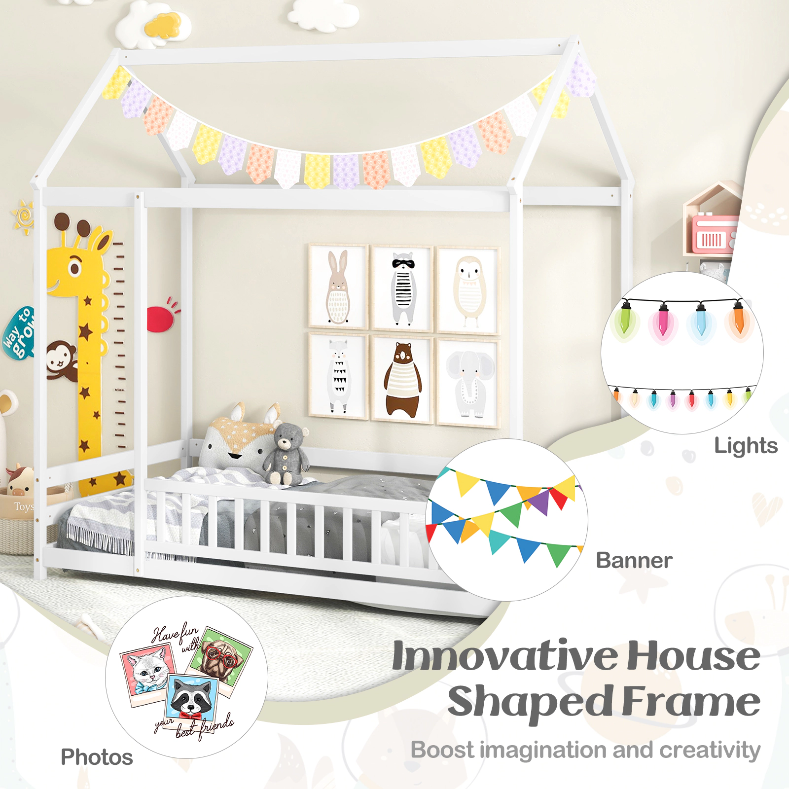 SUGIFT Twin Size White Pine Wood Kids House Floor Bed with Roof 12-in Full Length Guardrail and Doorway
