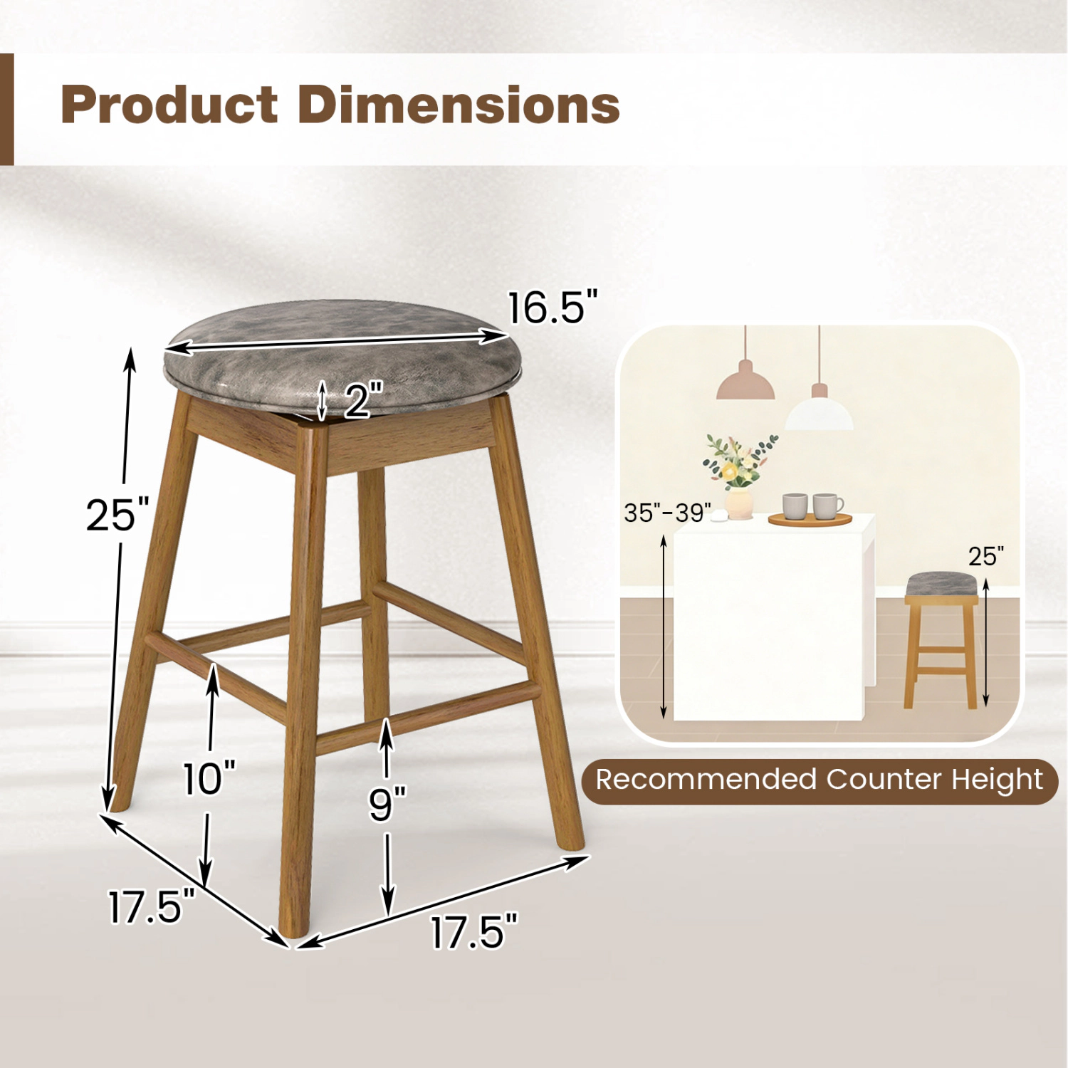 Glintex 2-Piece 25-Inch Backless Swivel Counter Stool Set with Wood Legs, Natural