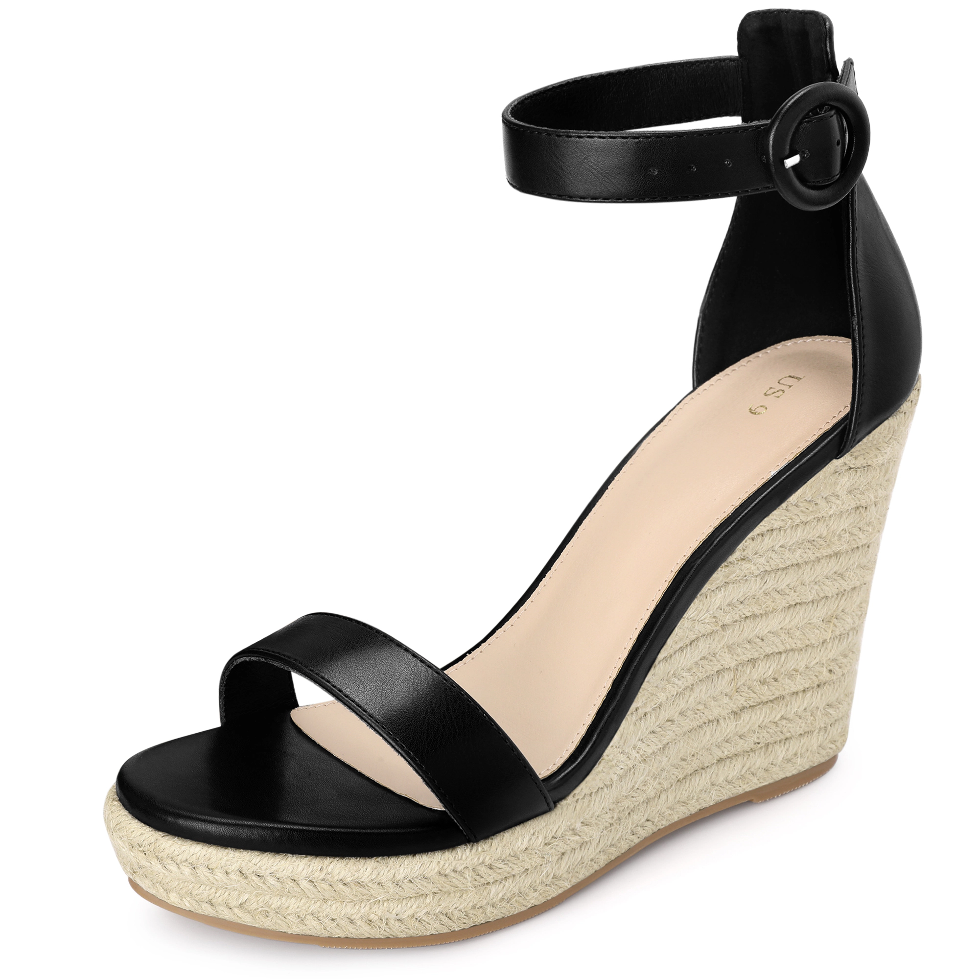 BLISSFUL STEP Women's Faux Leather Platform Wedge Ankle Strap Espadrille Sandals