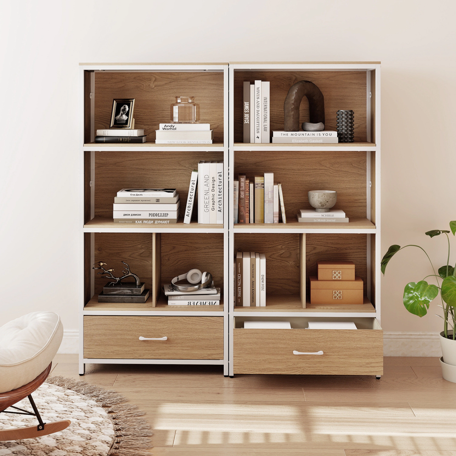 SlickBlue Tall Storage Bookcase with Fabric Drawer and Metal Frame