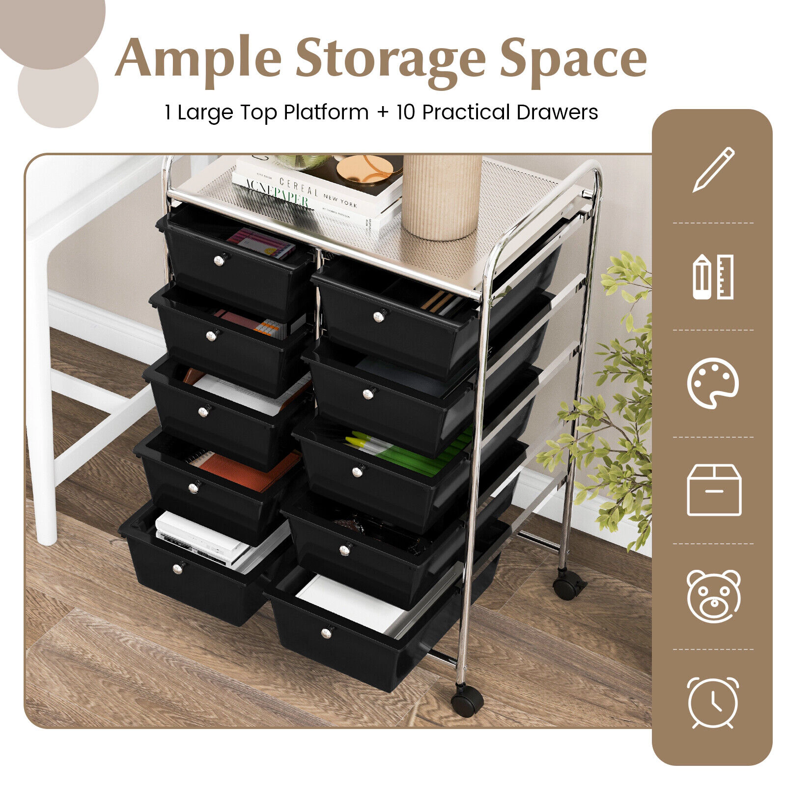 SUGIFT 10-Drawer Rolling Storage Cart with Mesh Top Platform 22-lb Top Capacity 5.5-lb Drawer Capacity As Picture Shown