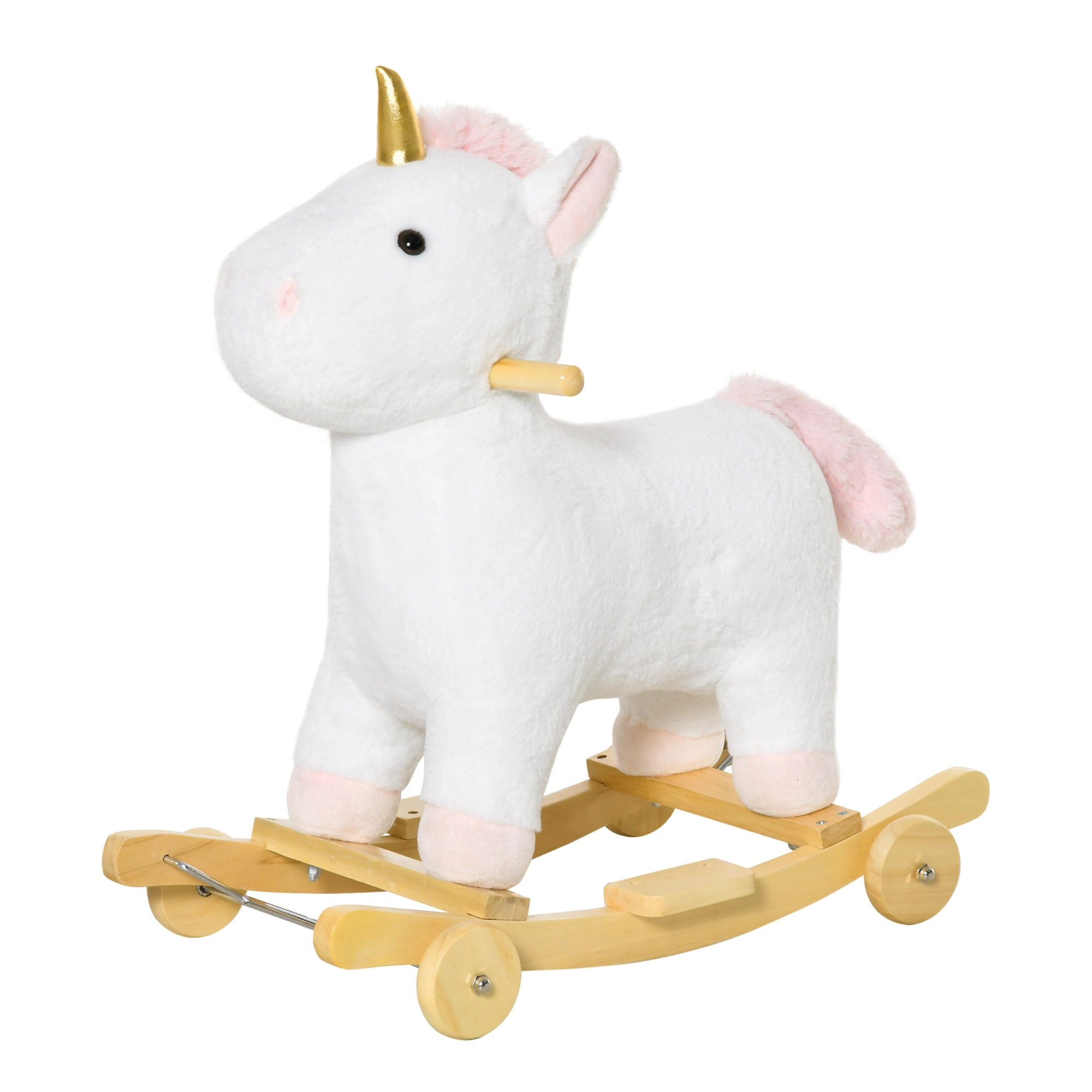 HONGGE White 2-in-1 Rock and Roll Unicorn Ride-On Toy with Wooden Base and Sound for Kids Ages 3-6