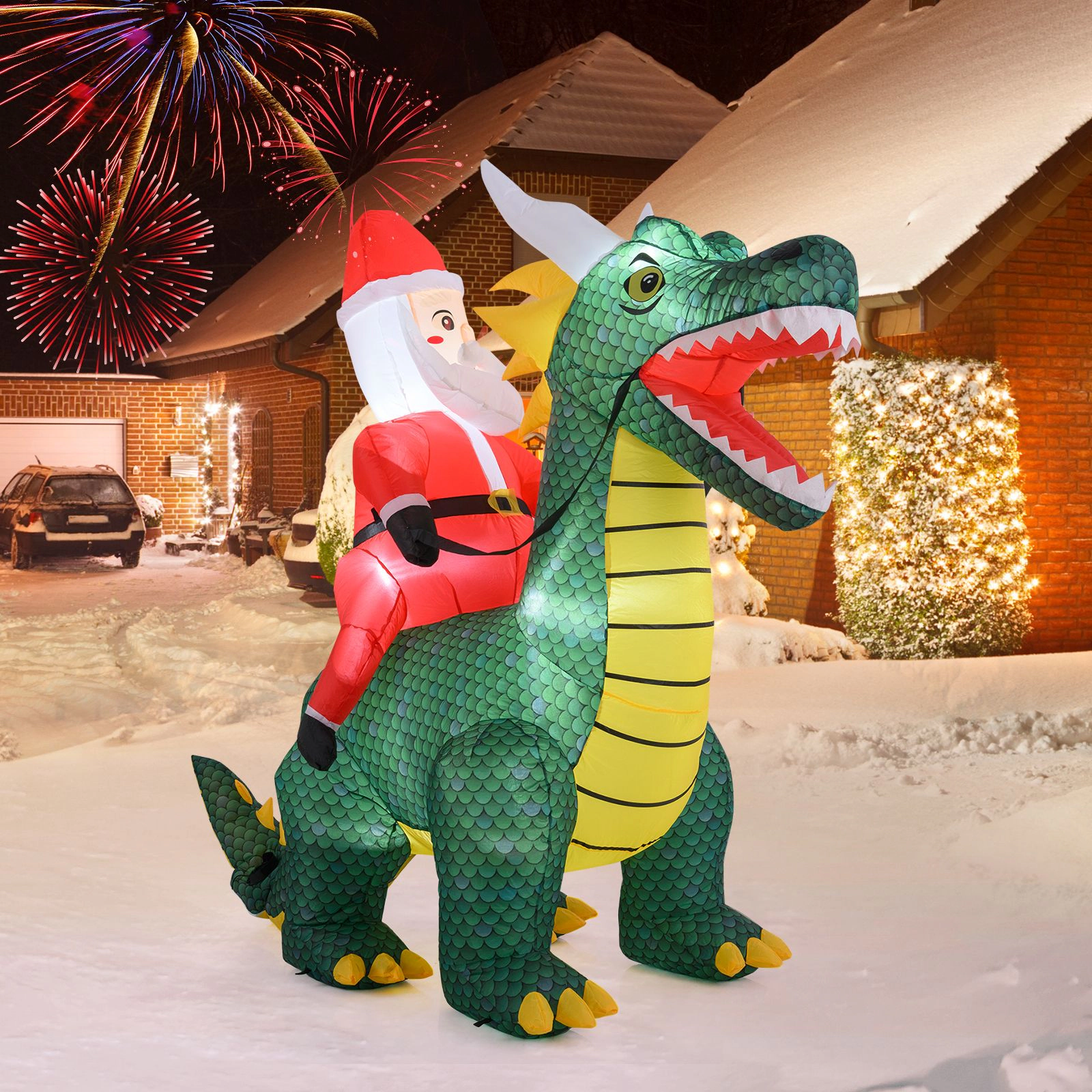 SlickBlue Unisex 6.7 Feet Lighted Inflatable Santa Riding Dinosaur