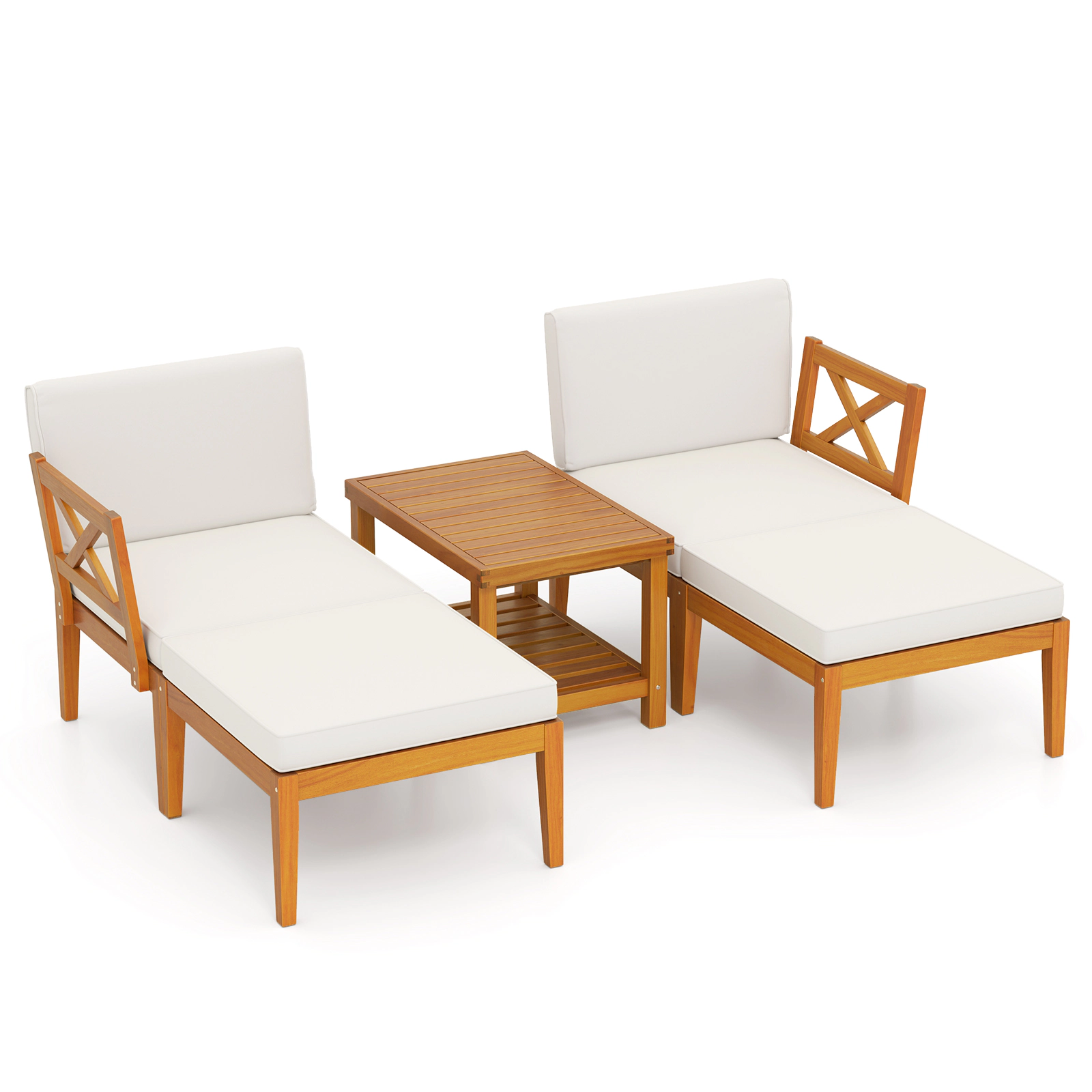 LJG 5 Pieces Acacia Wood Patio Chaise Lounge Chair Set with Ottoman and Cushions
