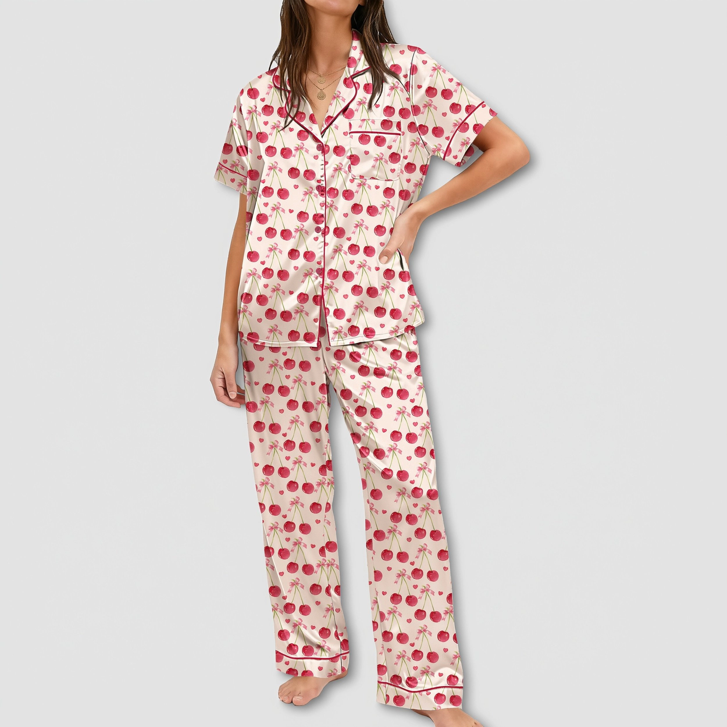 Ekouaer Womens Silky Satin Pajamas Set Short Sleeve Button Down Pieces Lounge Pajama
