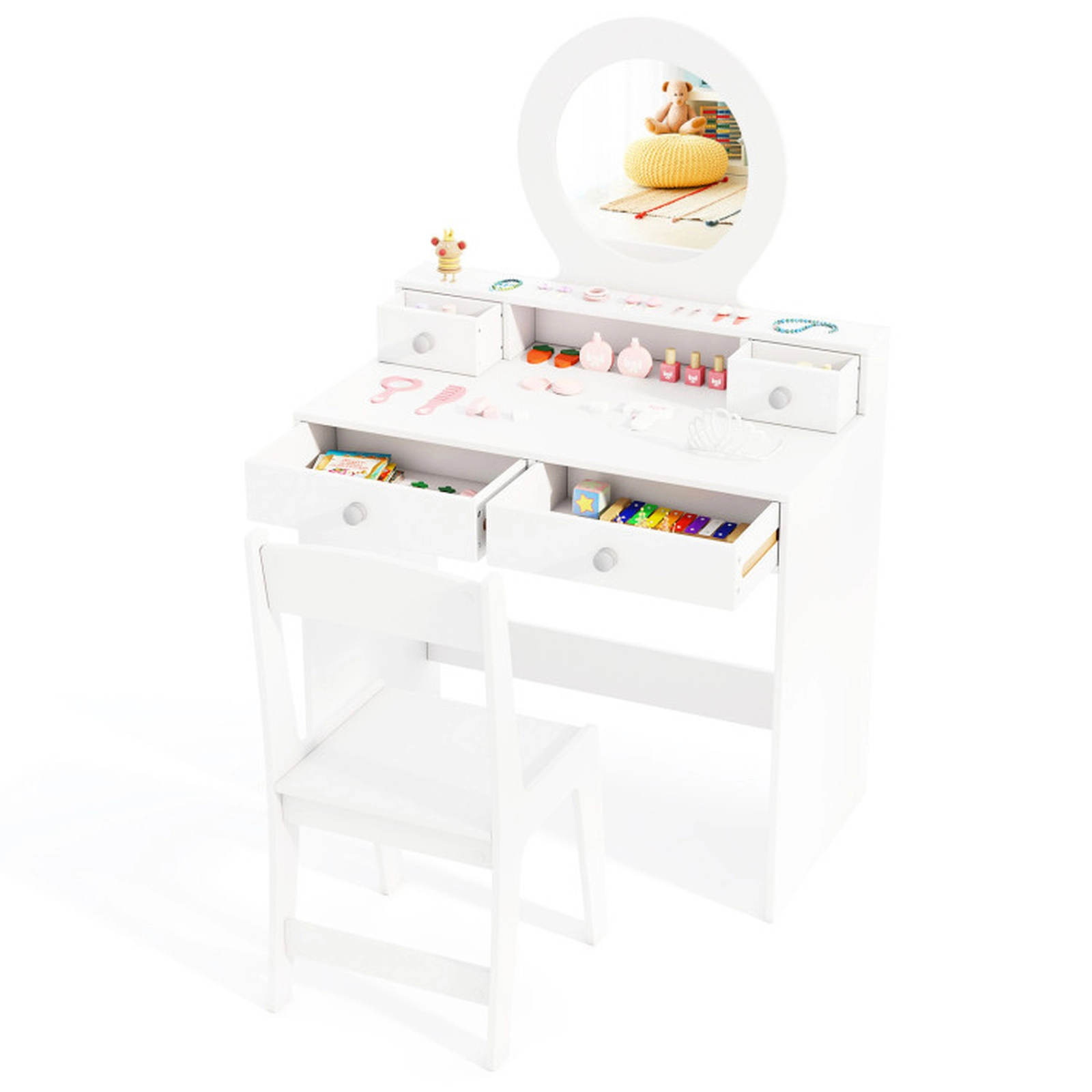 SUGIFT Kids Vanity Table and Chair Set with Acrylic Mirror 110-lb Tabletop 165-lb Chair Capacity Ages 3+ White