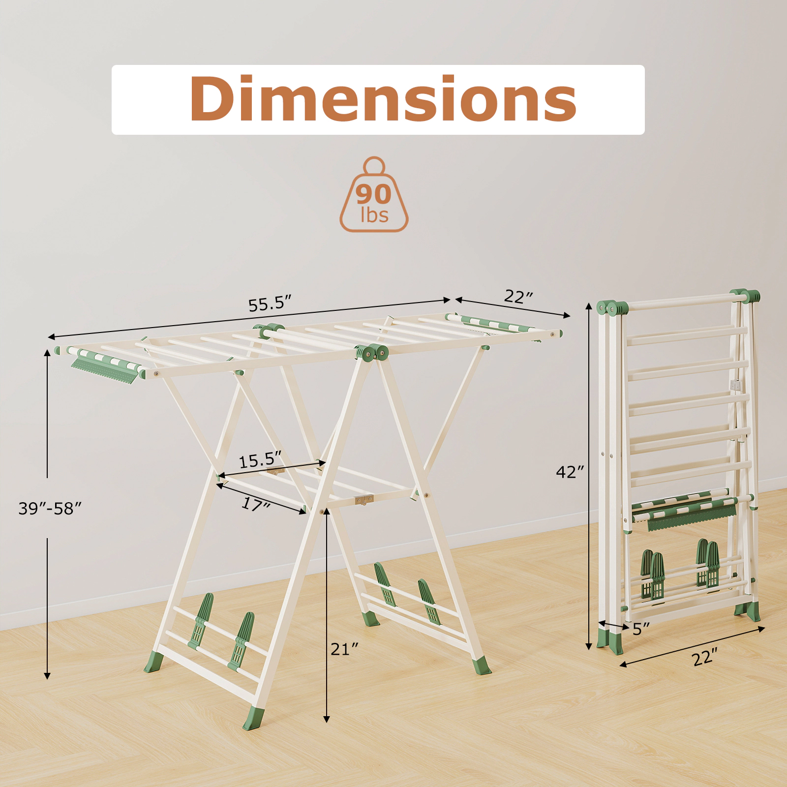 SUGIFT Height Adjustable Wing Clothes Drying Rack 90-lb Capacity Beige/White