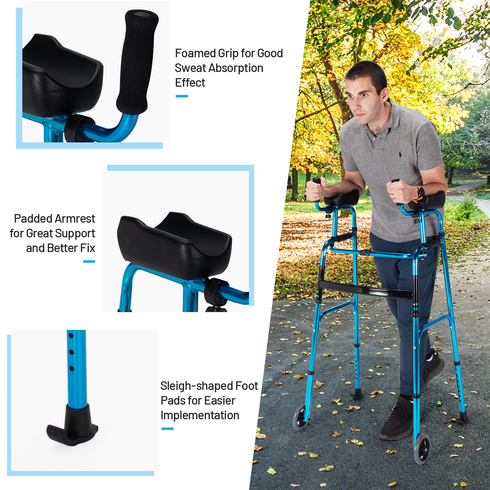 SUGIFT Folding Adjustable Aluminum Wheel Walking Frame 41.5-in Tall 440-lb Capacity Navy/Silver