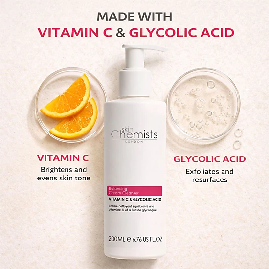 skinChemists Balancing Vitamin C & Glycolic Acid Cream Cleanser 200ml - For Acne, Blemishes & Large Pores