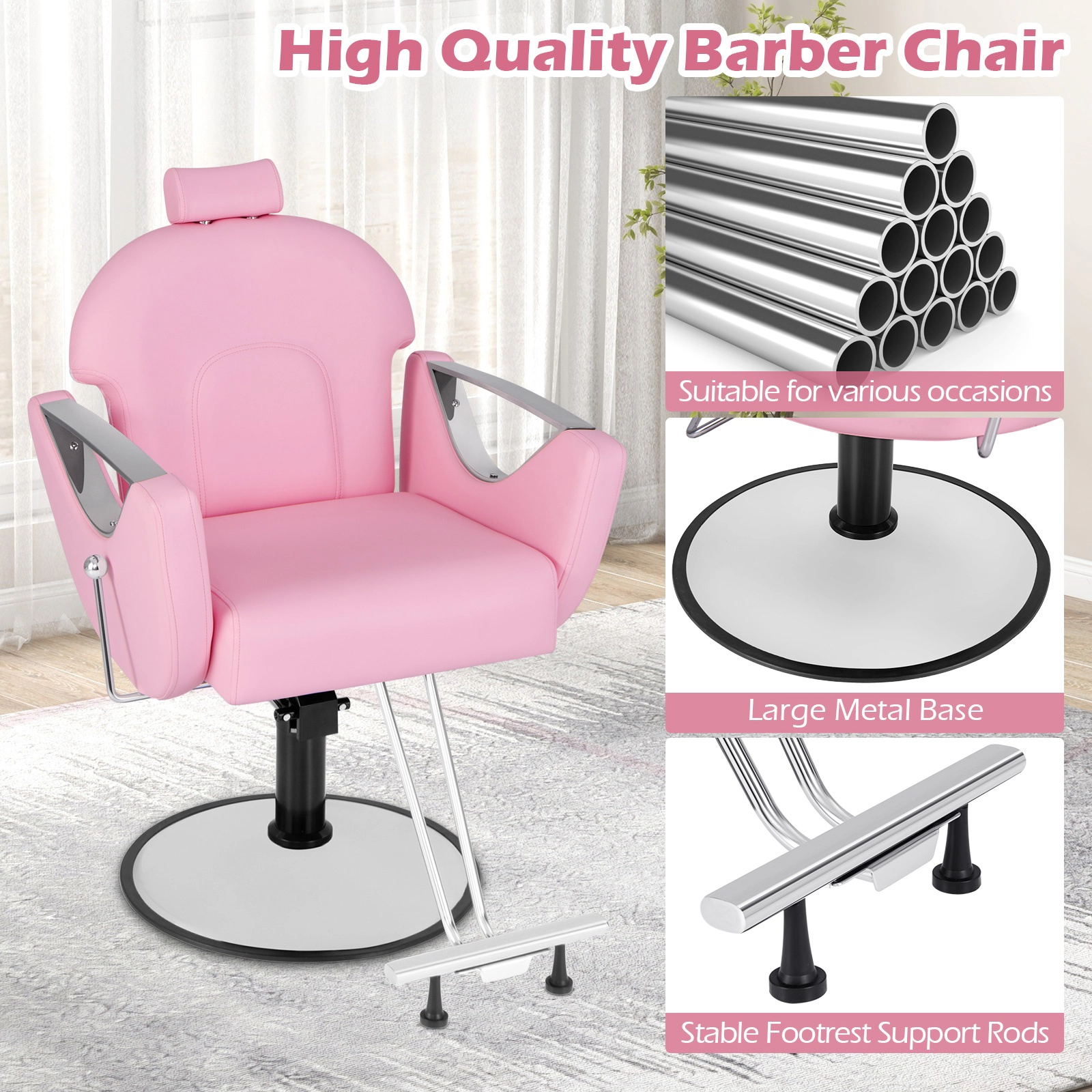 SUGIFT Pink Reclining Salon Chair with Detachable Headrest and Armrests 26-in W 37.5-in D 330-lb Chair Capacity