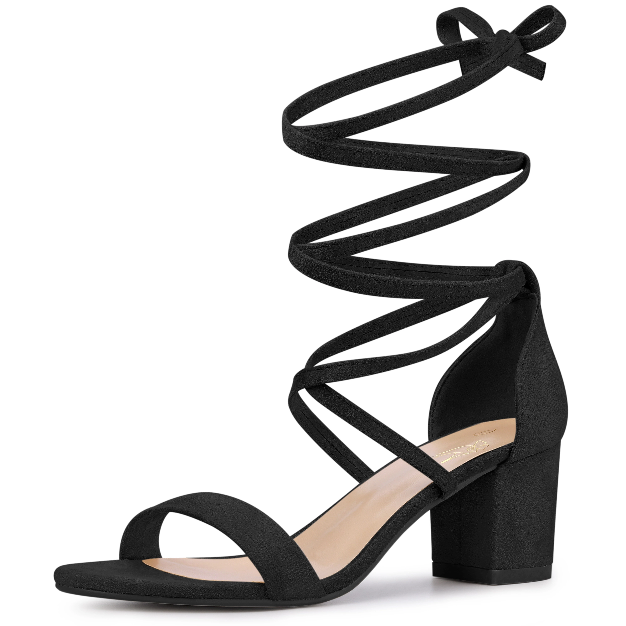 BLISSFUL STEP Women Faux Suede Open Toe Chunky Heel Lace Up Mid Sandals
