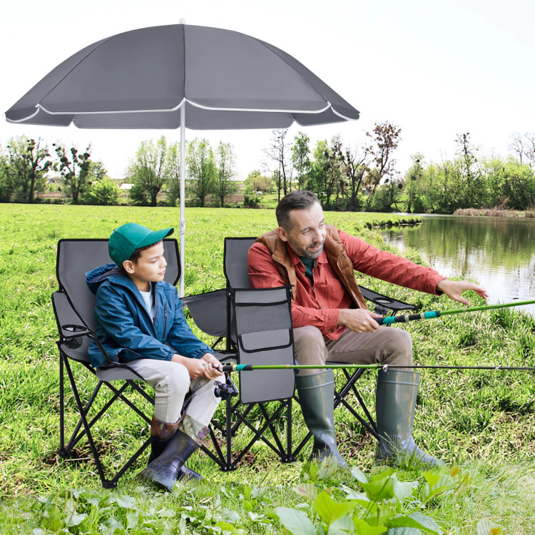 SUGIFT Gray Double Folding Picnic Chair with Removable Umbrella and Cooler Bag 63-in W 22-in D 270-lb Per Seat