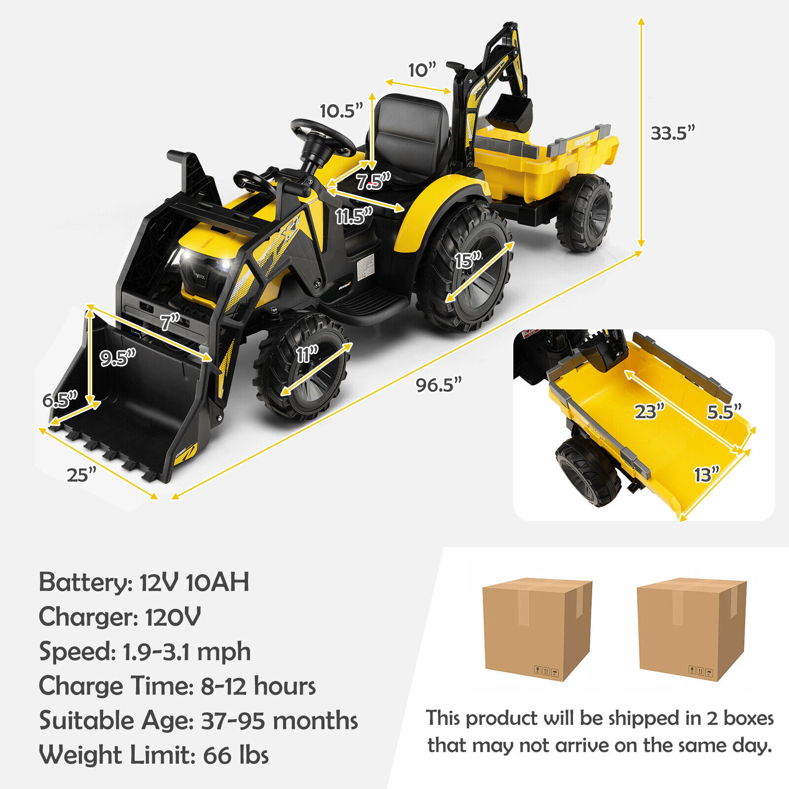 12V 3-in-1 Kids Ride On Excavator Shovel Bucket Digging Arm Trailer Battery Display Parent Remote Tractor Kids Yellow