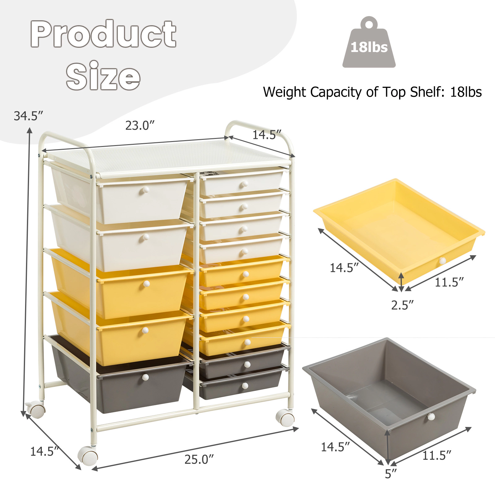 SUGIFT Yellow 15-Drawer Rolling Storage Cart Utility Organizer with Removable Drawers and Metal Frame