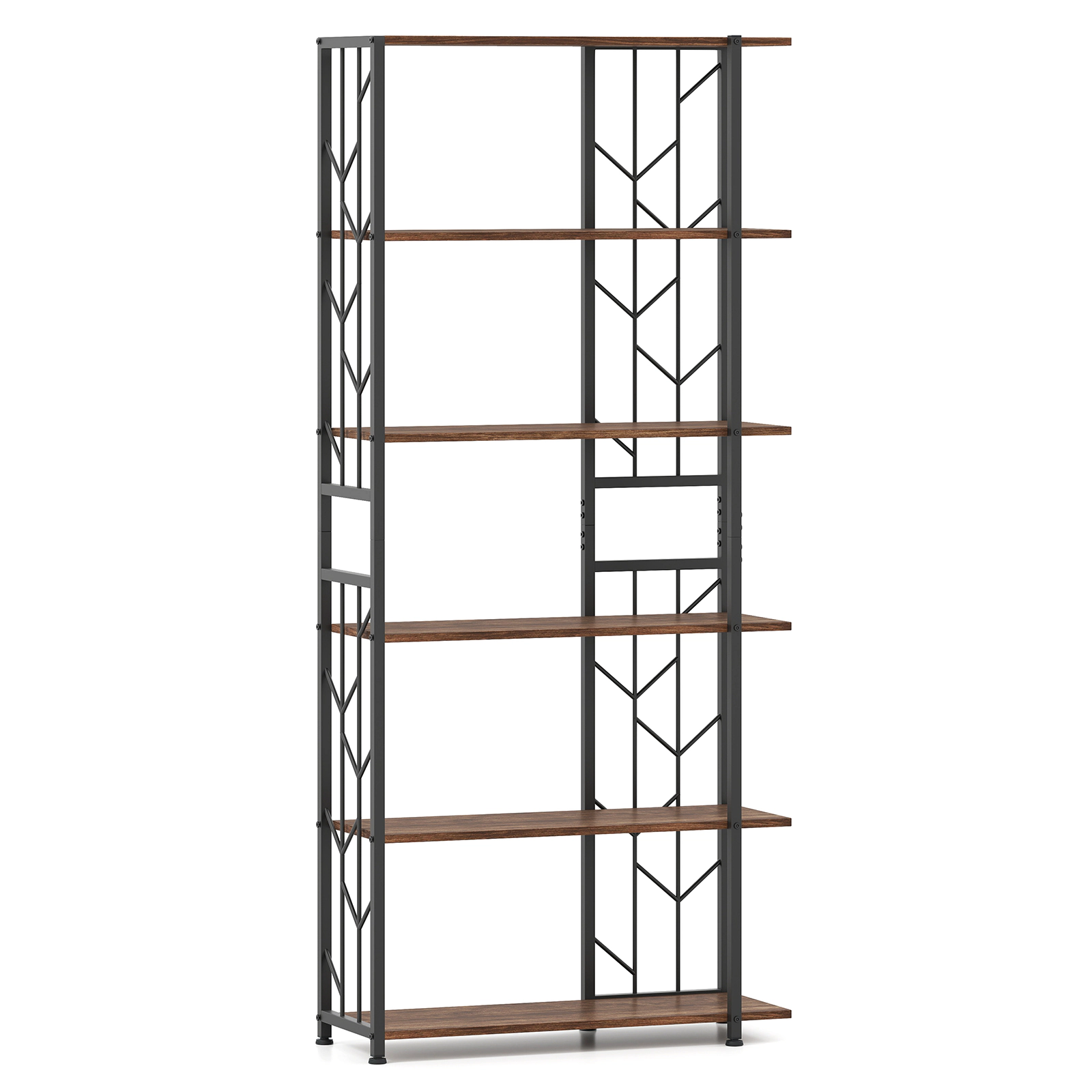 SUGIFT 6-Tier Rustic Brown 71-in Tall Geometric Etagere Bookshelf with Metal Frame and Anti-Tipping Kits