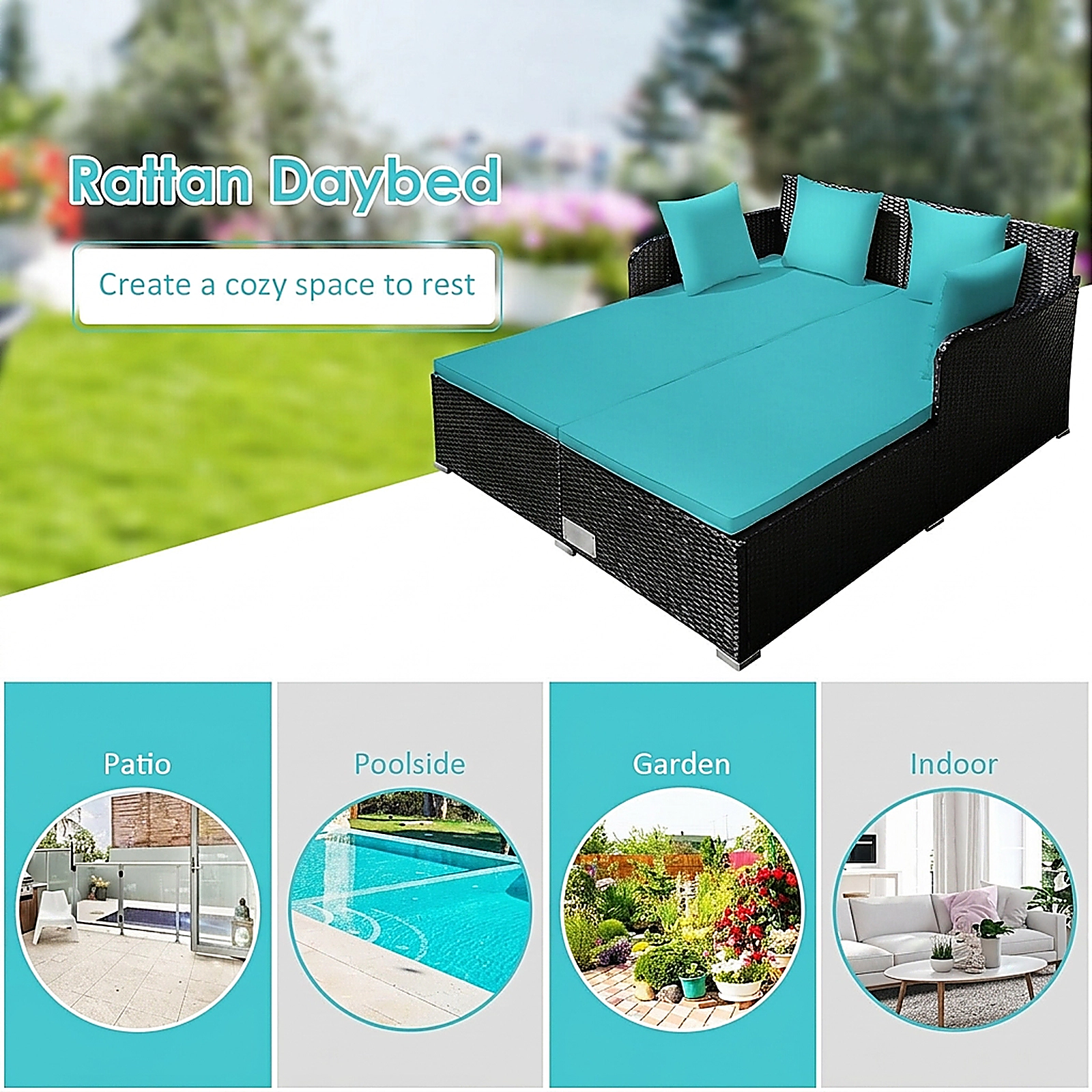SUGIFT Turquoise Rattan Outdoor Daybed, 800-lb Capacity, 2-Person, Curved Backrest