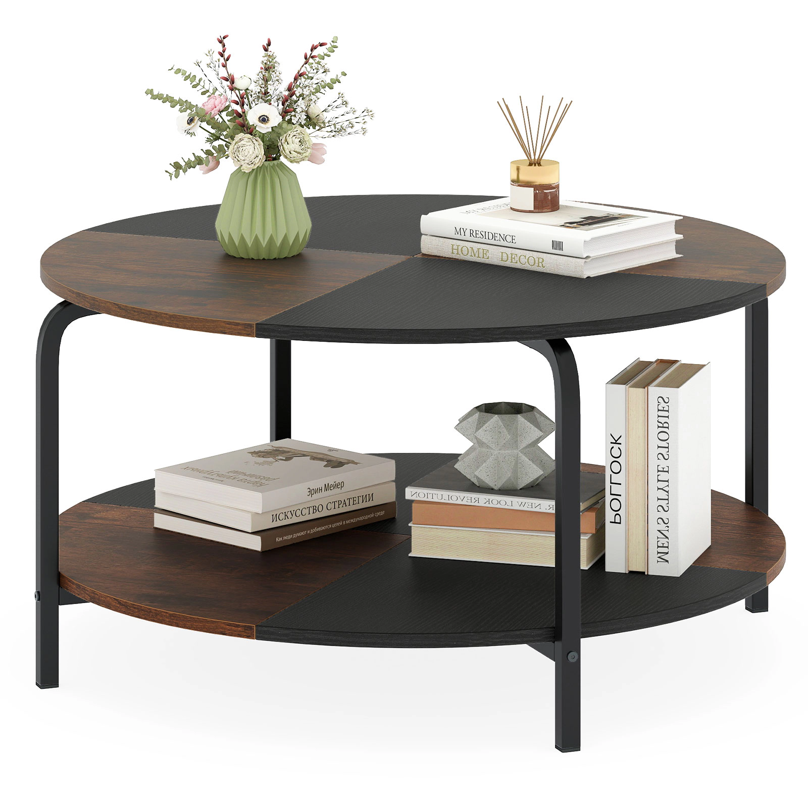 Glintex 2-Tier 31.5-Inch Round Coffee Table with Split-Color Top