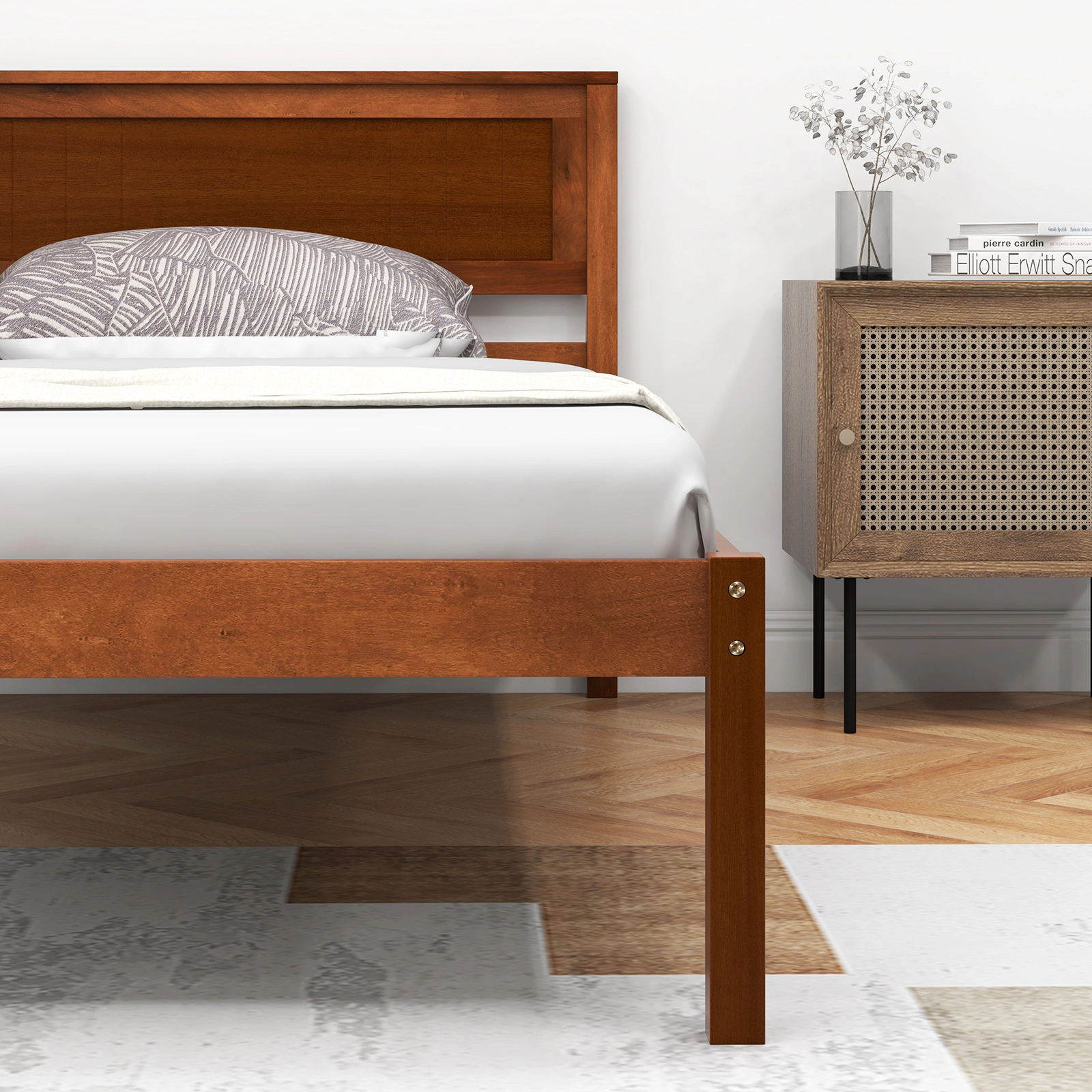 Twin Bed Frame Walnut Wood Platform Bed with Headboard and Footboard 440-lb Capacity Strapped Slats