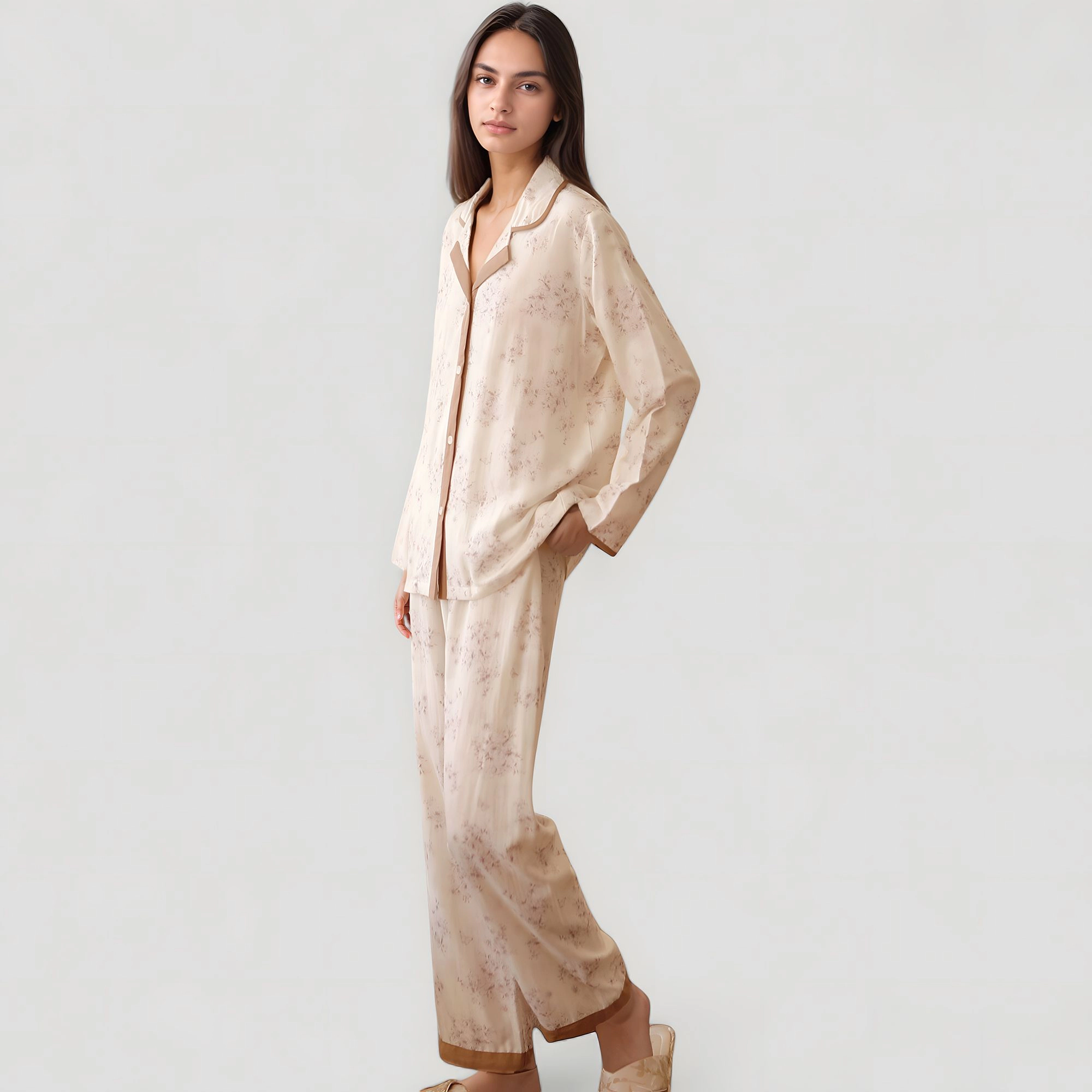 Anna-Kaci Women's Floral Print Long Sleeve Pajama Set with Contrast Piping Trim and Relaxed Button Up Shirt