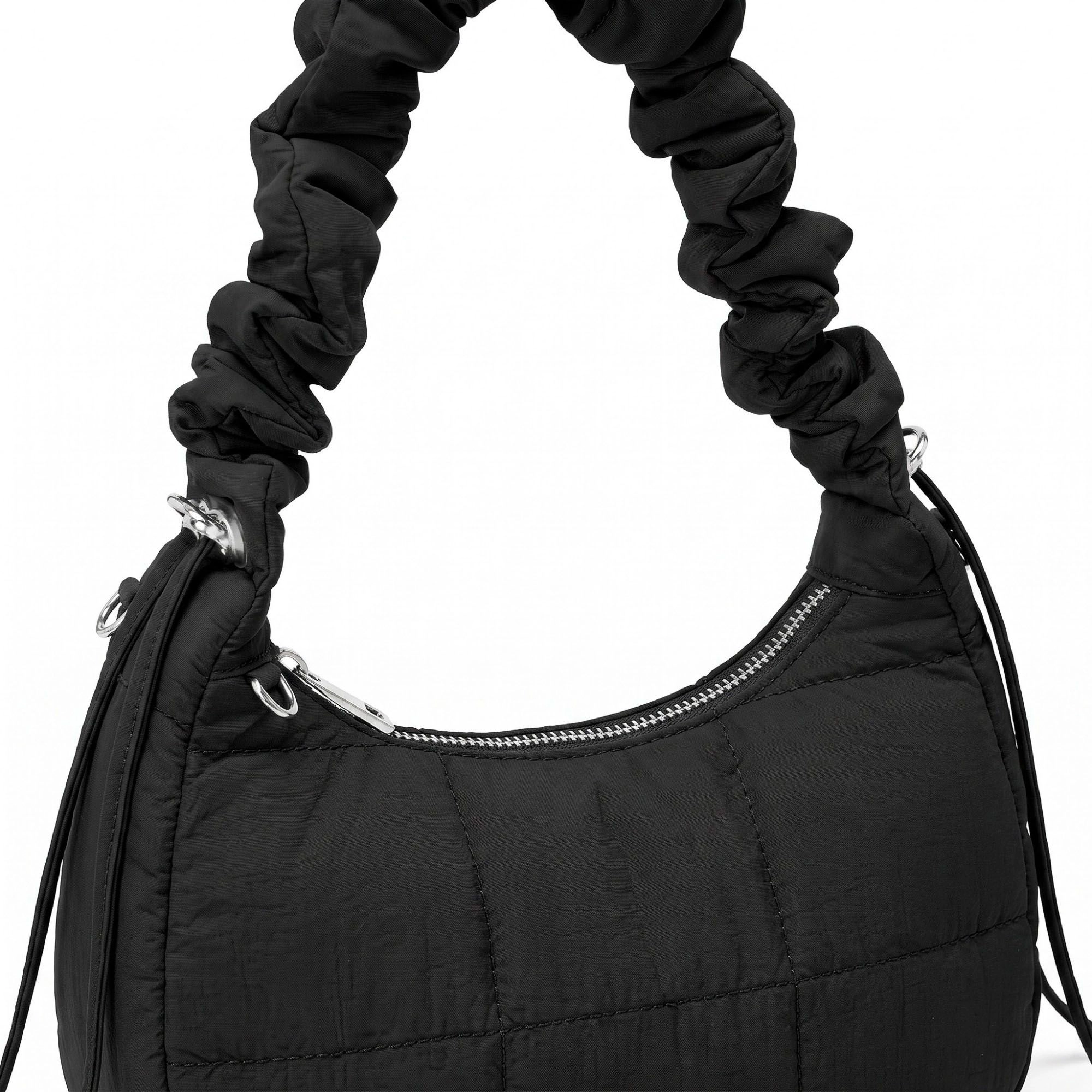 Alilang Women's Quilted Crescent Shoulder Bag with Ruched Handle and Detachable Crossbody Strap 10.5x4x6in