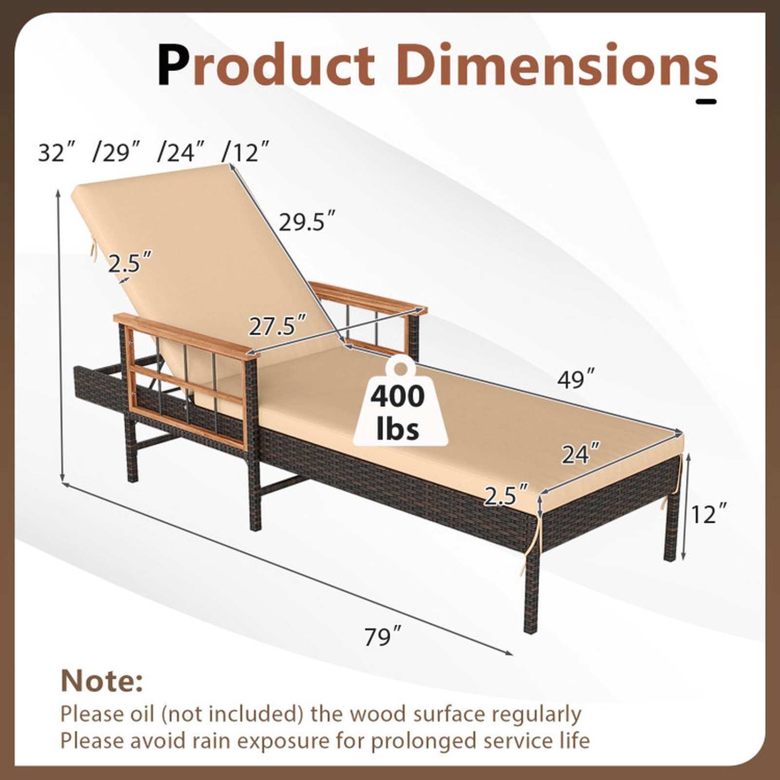 SUGIFT 4-Level Adjustable Patio Rattan Chaise Lounge with Cushions 400-lb Capacity Mix Brown Rattan Beige Cushions