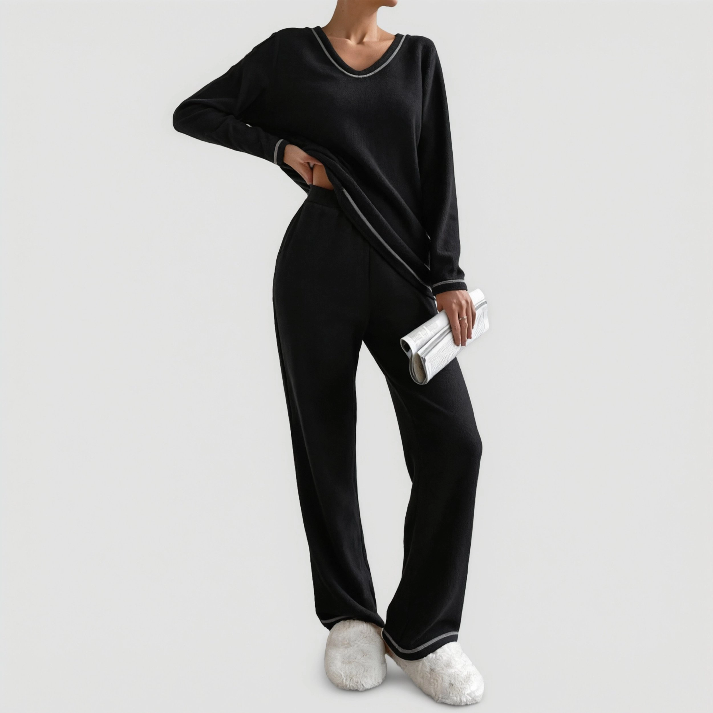 Ekouaer Womens Two Piece Pajamas Fuzzy Fleece Sleepwear Set Long Sleeve Outfits Fall Loungewear