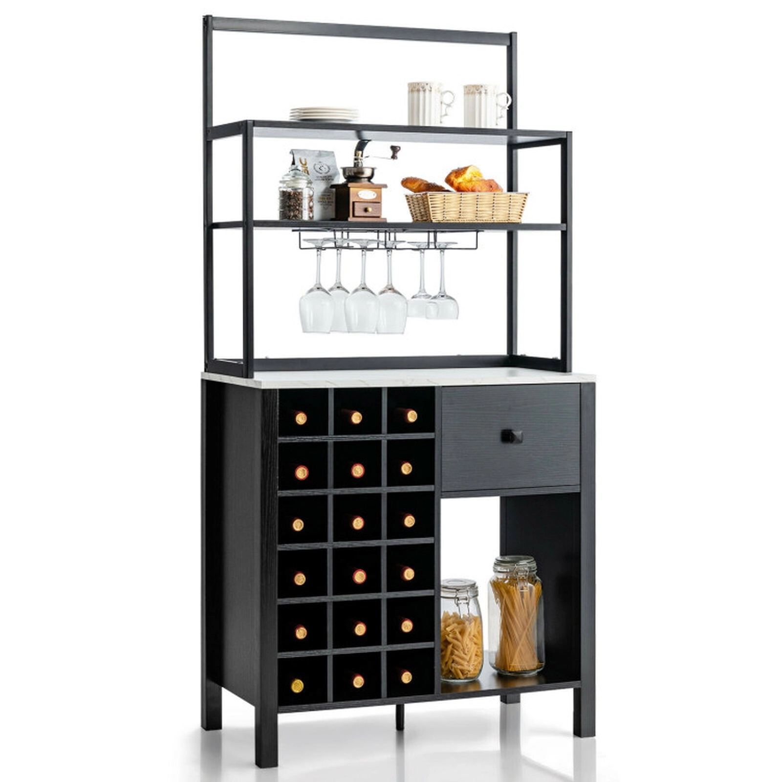 SUGIFT 64-in 3-Tier 66-lb Shelf Black Bakers Rack with 18-Bottle Wine Rack Glass Holder and Drawer