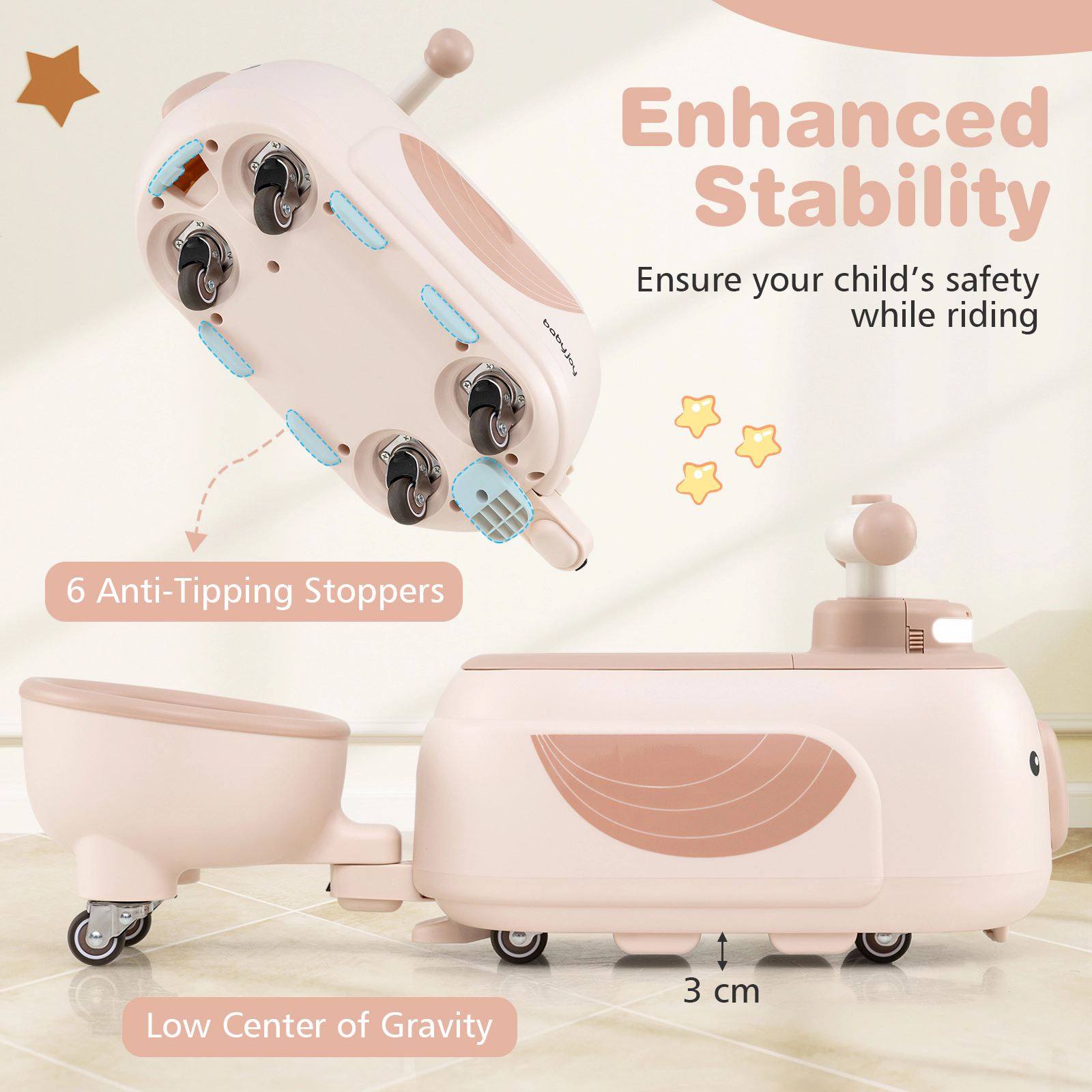 SUGIFT Foot-to-Floor Toddler Ride-On Toy with Trailer and Light Music 55-lb Capacity Ages 12 Months+ Beige