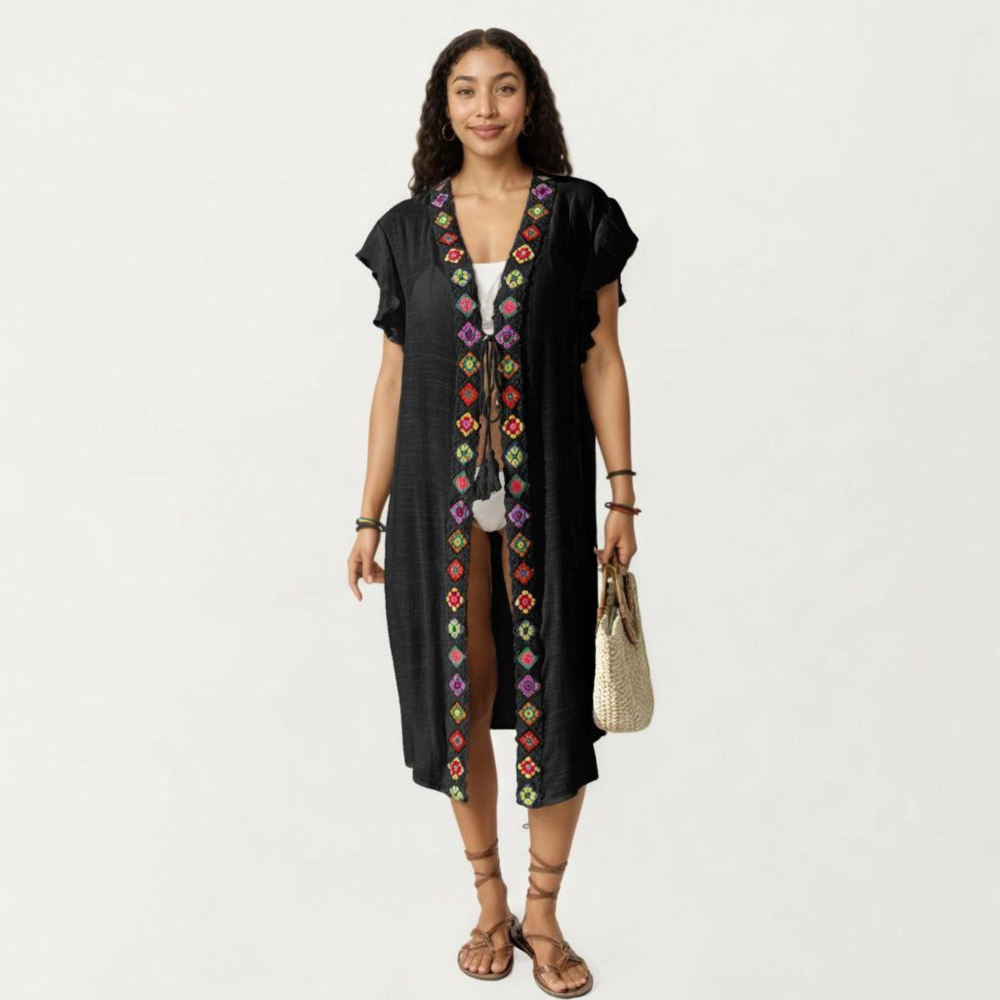 Anna-Kaci Women's Embroidered Open Front Swim Cover Up Kimono Midi Tassel Tie Detail Beach Cardigan