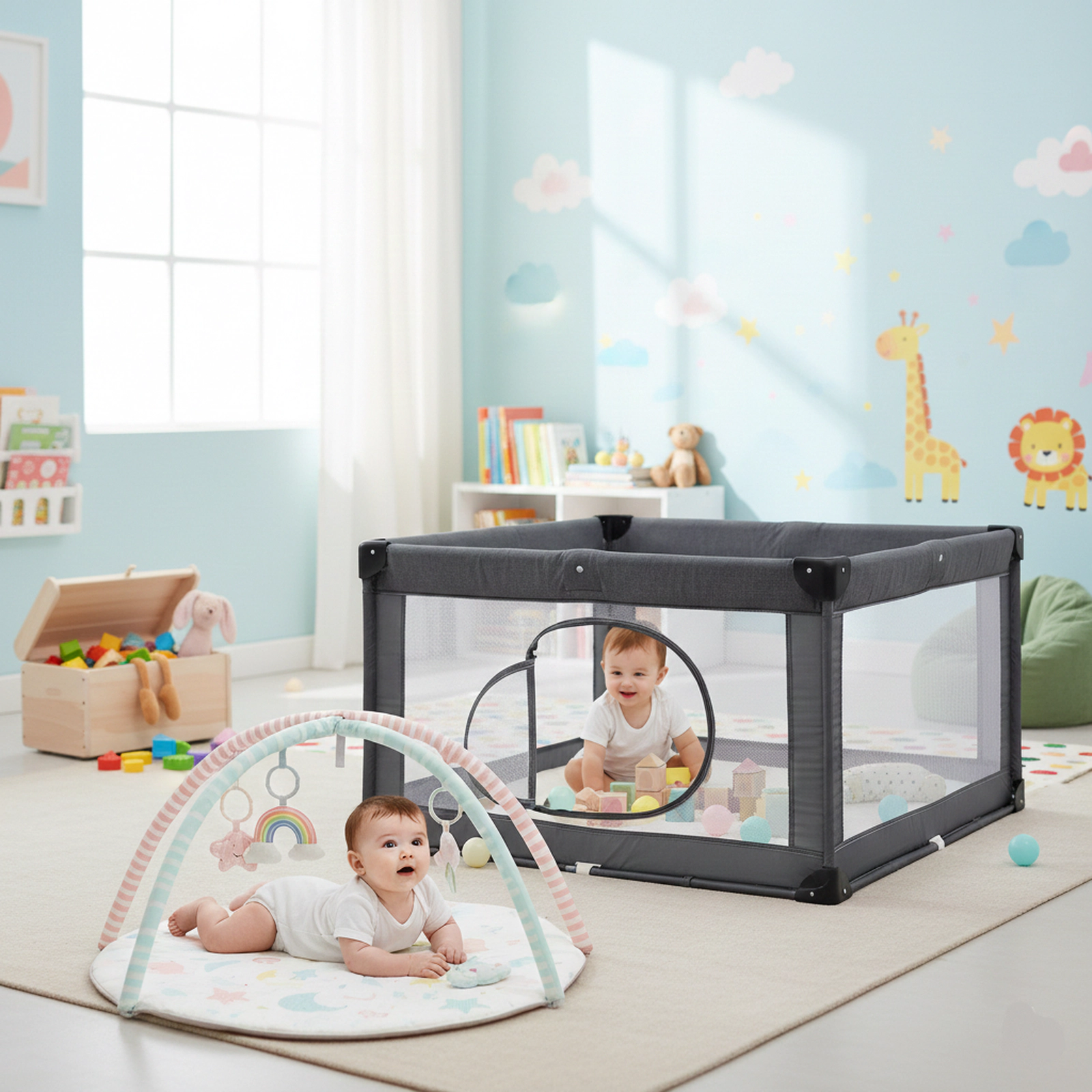 SUGIFT 50-in Large Baby Playpen and Play Gym Set with 50 Ocean Balls 5 Sensory Toys and Zip Side Door