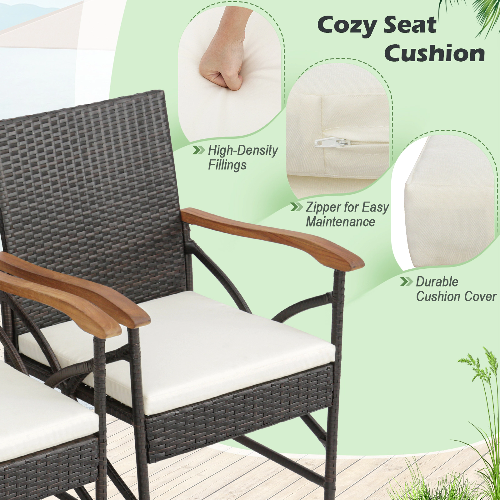 SUGIFT Hand-Woven Patio Wicker Dining Chairs with Soft Zippered Cushion 400-lb Capacity Mix Brown and Off White Set of 2