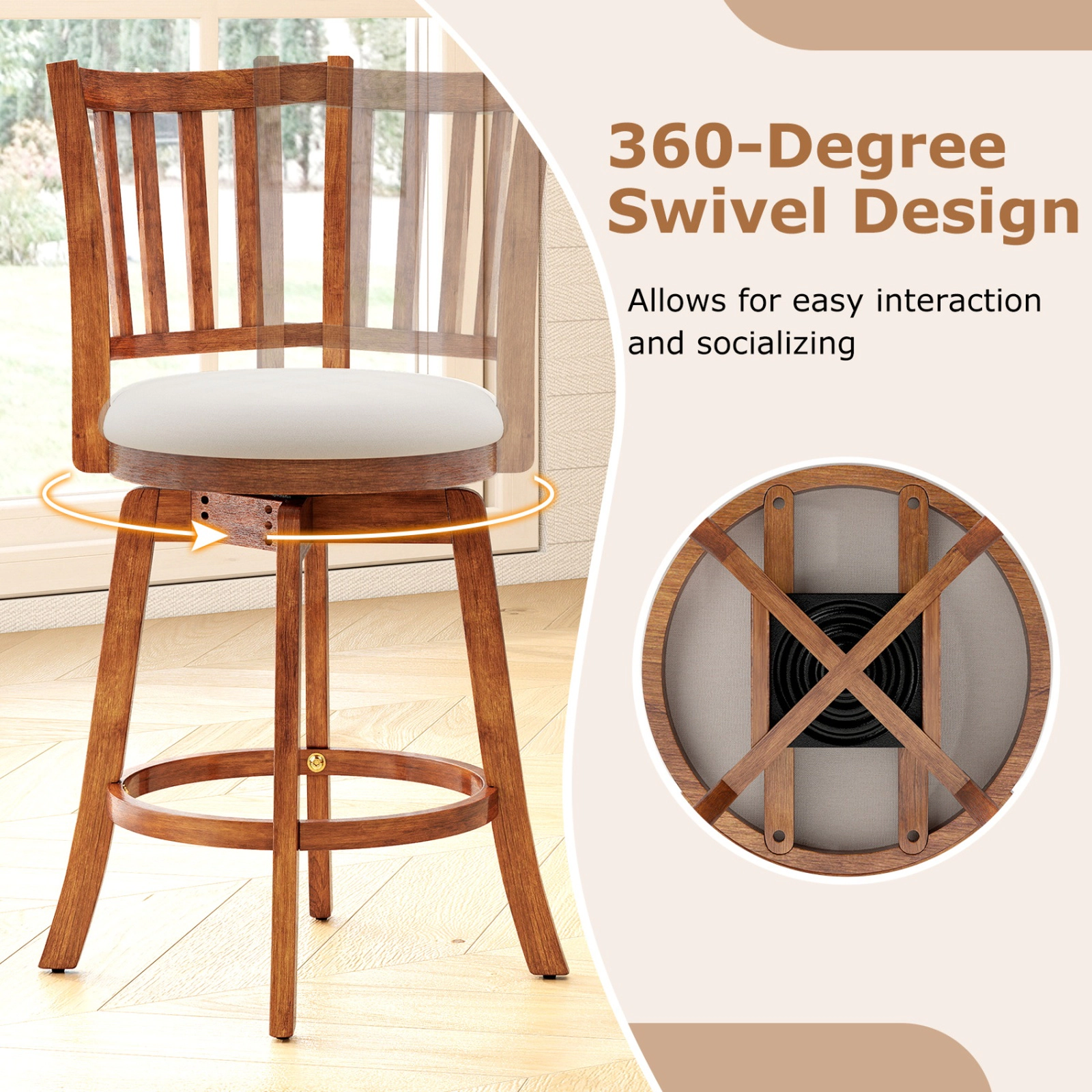 SUGIFT 360° Rotating Counter Height Chairs Set of 2 with Upholstered Seat and Backrest 350-lb Capacity Driftwood +Sand