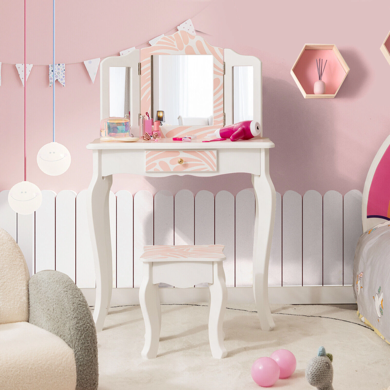 SUGIFT Pink Tri-Folding Mirror Large Drawer and Stool 2-in-1 Kids Vanity Table Set