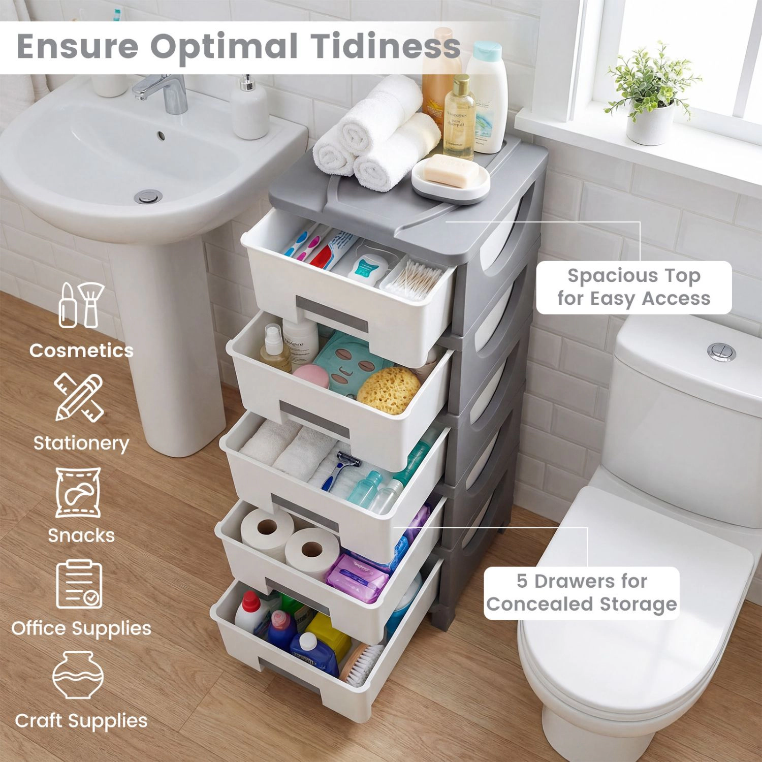 SlickBlue 5 Drawer Plastic Organizer Cabinet for Bedroom Bathroom