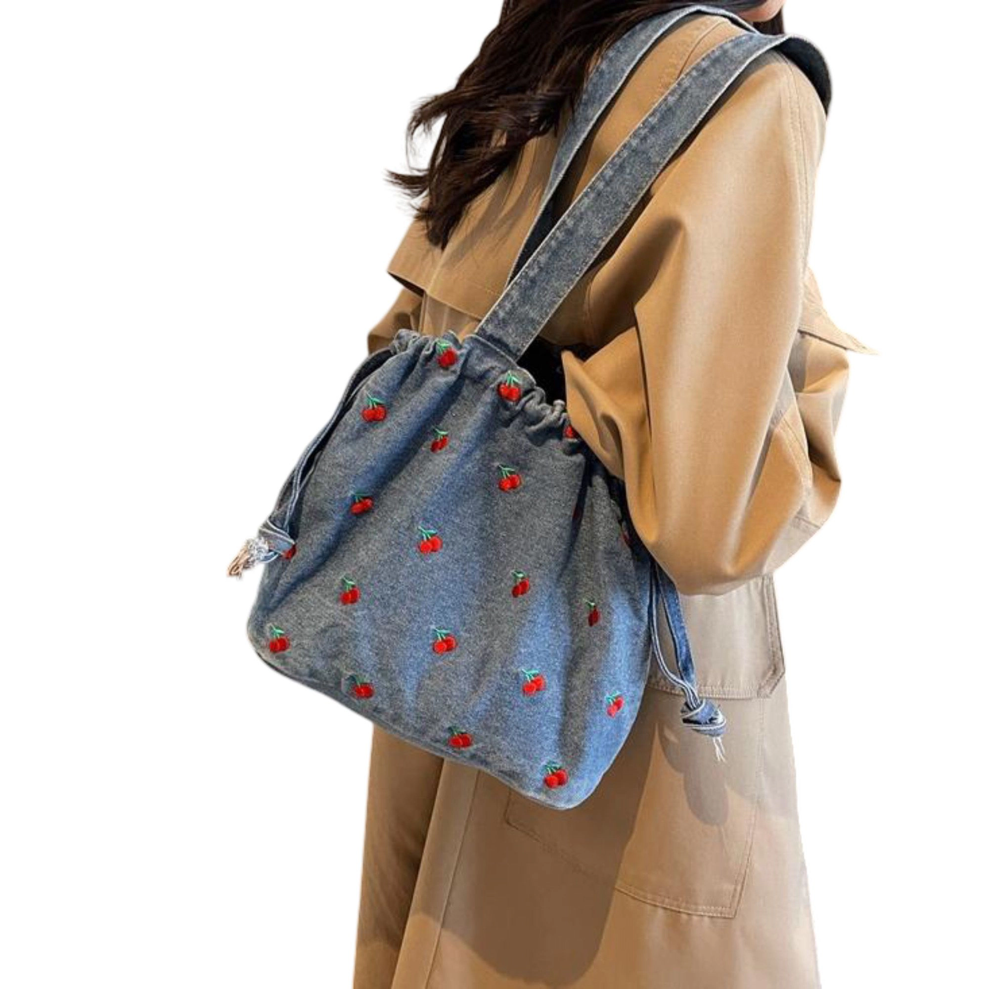 Alilang Women's Embroidered Cherry Denim Drawstring Bag with Fixed Shoulder Strap