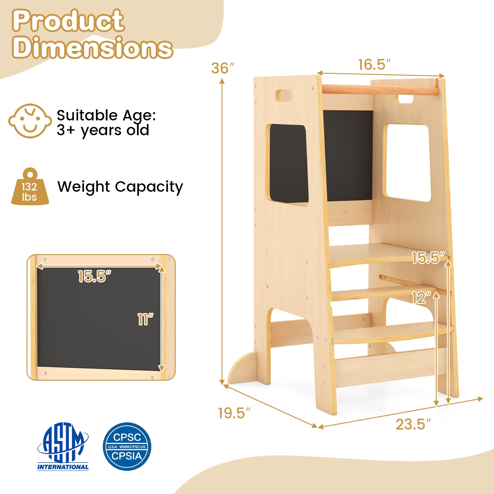 SUGIFT Adjustable Height Toddler Kitchen Step Stool with Chalkboards 132-lb Capacity Ages 3+ Natural/White