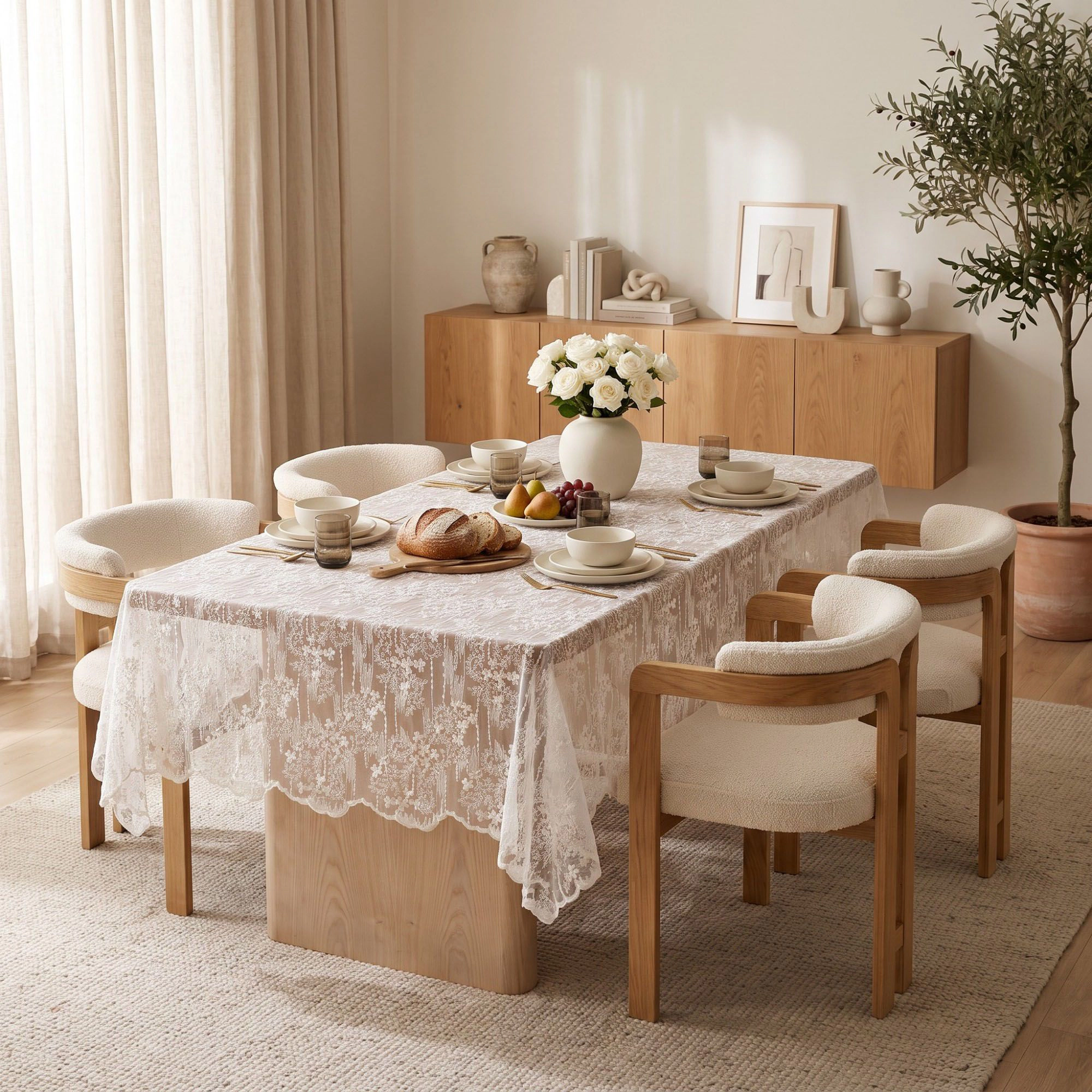 Alilang Unisex White Floral Embroidered Lace Square Tablecloth 51.2x51.2in