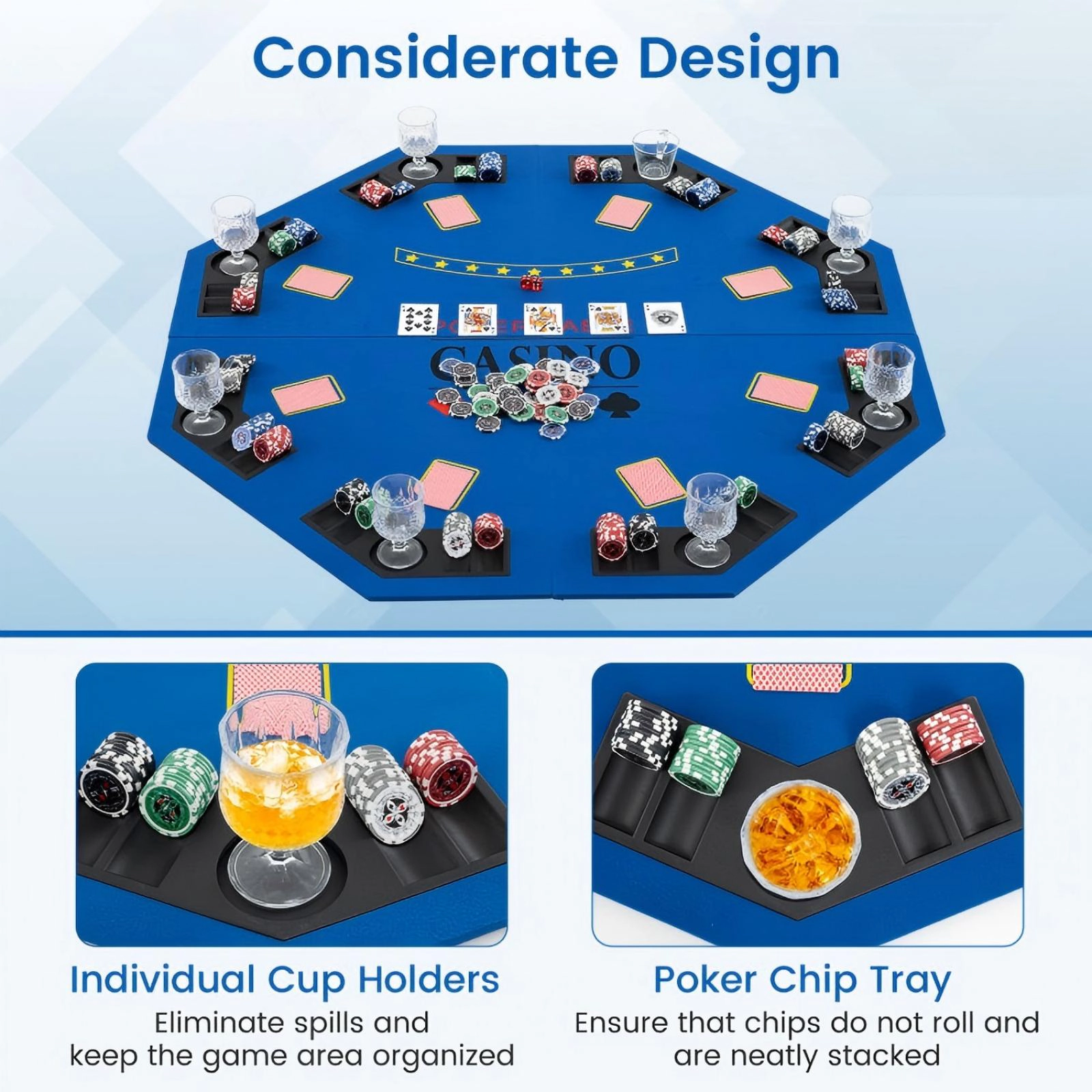 SUGIFT 8-Player Foldable Poker Table Top with Cup Holders and Chip Trays 15-lb Net Weight Blue/Green with Carrying Bag