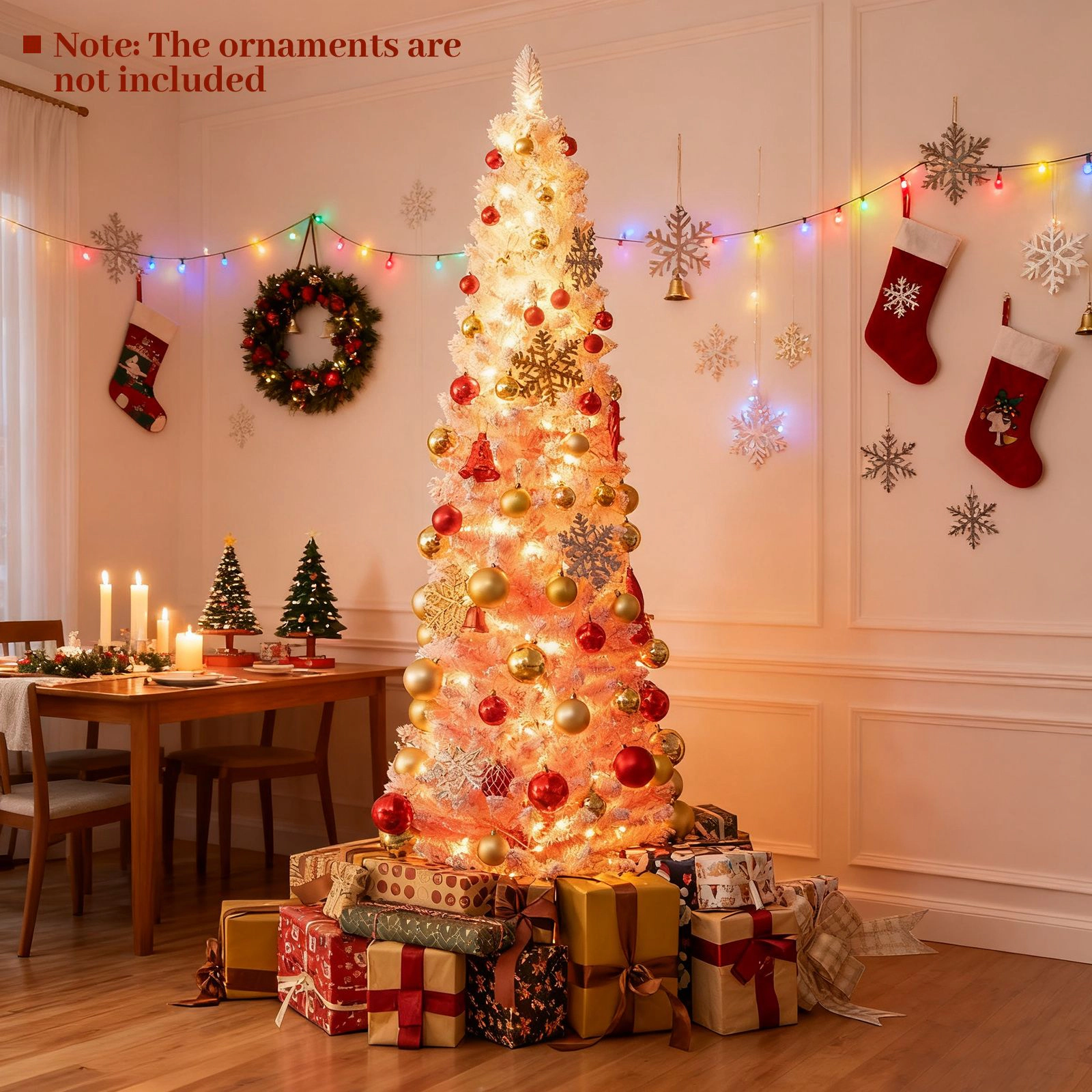 SlickBlue 7 Ft Pink Artificial Christmas Tree Prelit Snow Flocked Hinged Xmas Tree